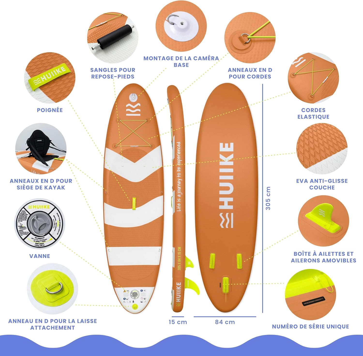 HUIIKE - Paddle gonflable adulte - 305x84x15 cm - stable, résistant, accessoires inclus