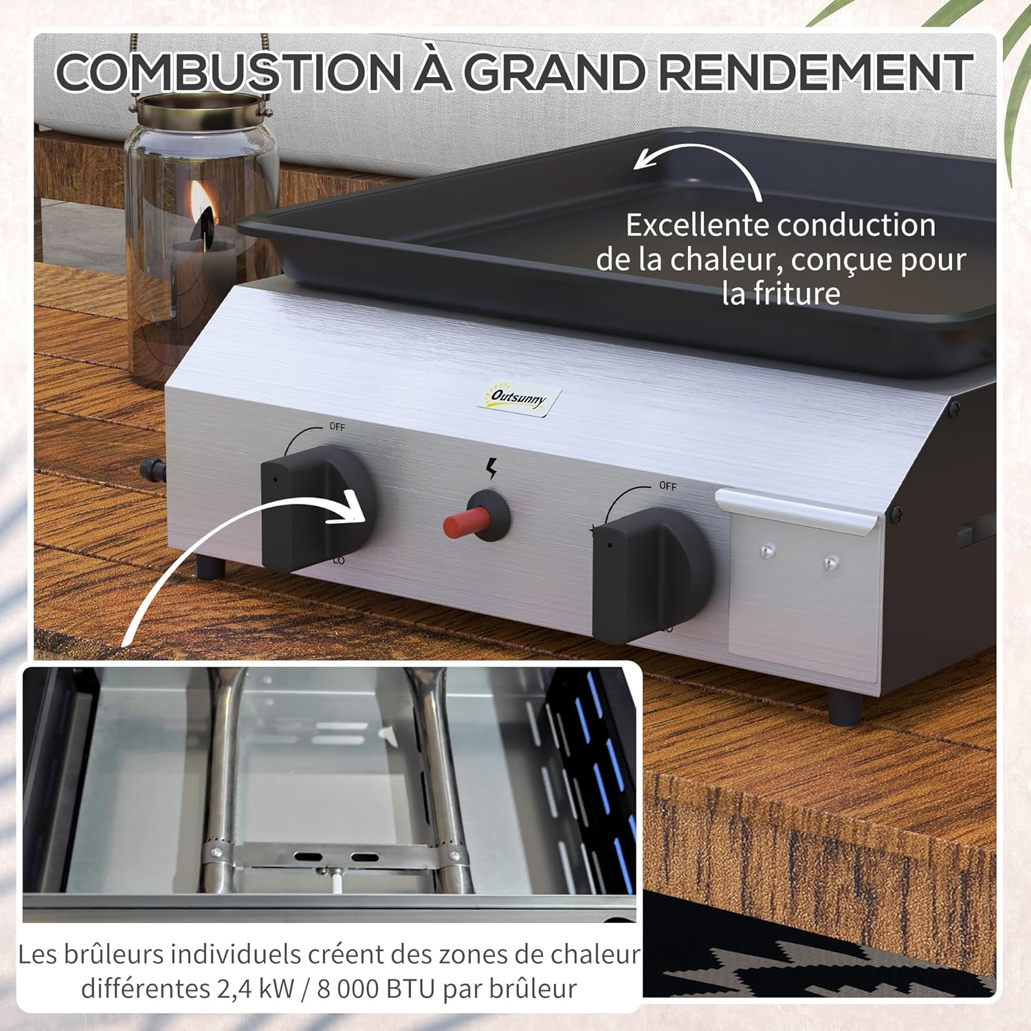 Outsunny - plancha gaz inox émaillé 2 brûleurs 40x34cm, 4,8kW