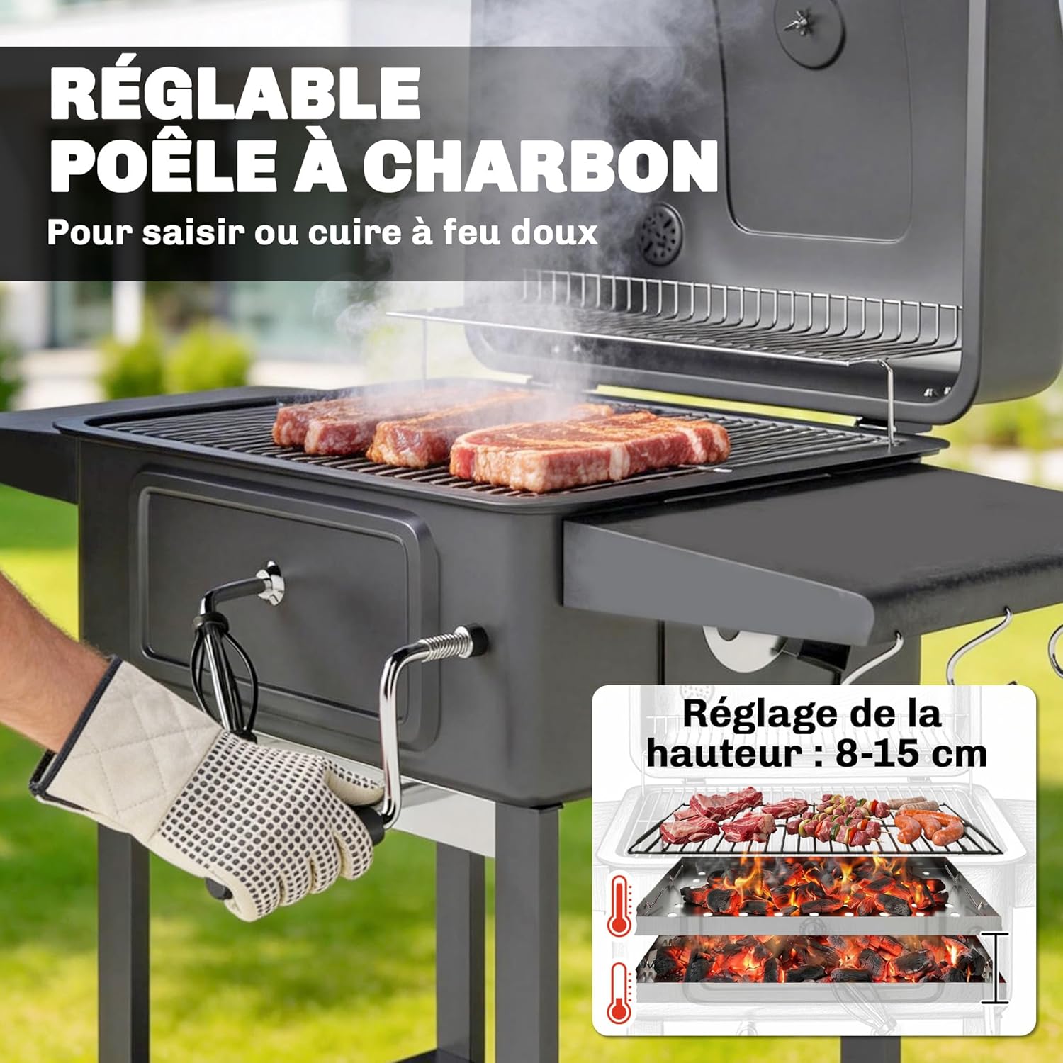 Outsunny - barbecue charbon réglable - grand format - chariot, tablettes, cheminée, roues, thermomètre