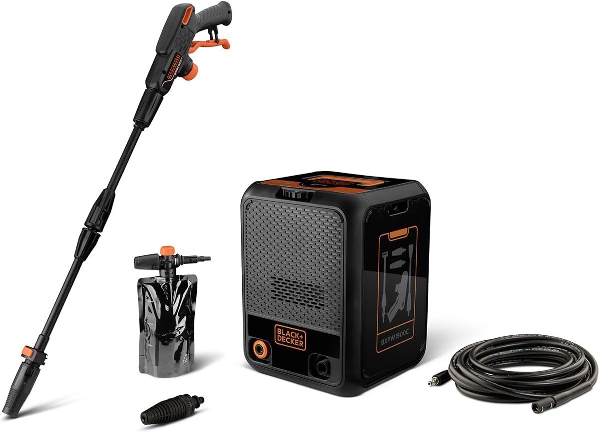 Black+Decker Nettoyeur Haute Pression BXPW1900C, Compact, pour la Voiture et l’extérieur de la Maison, Pression Max. 150 Bar, Débit Max. 460 l/h, Puissance absorbée 1 900 W
