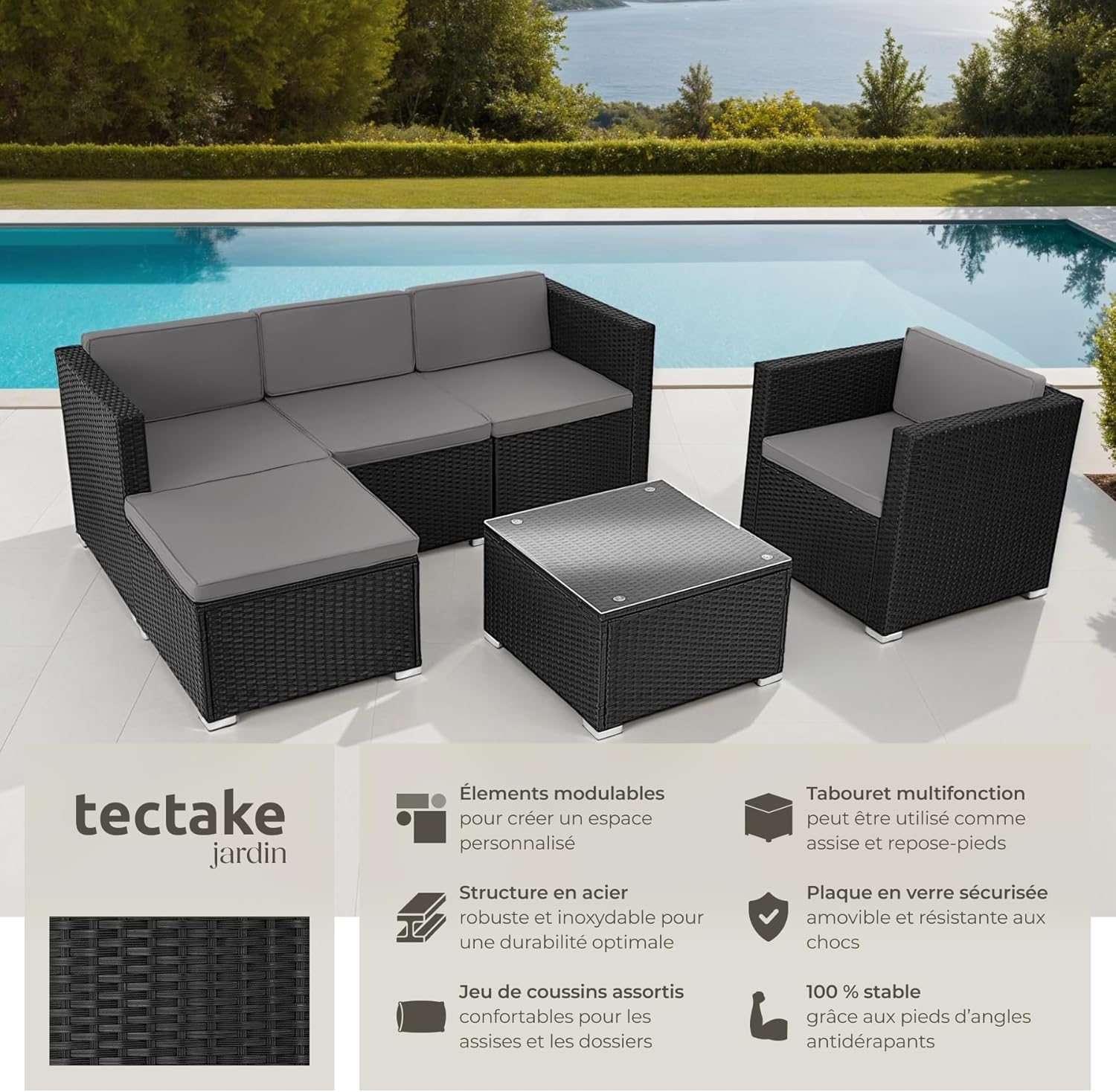 tectake - salon modulable 5 places poly rotin - coussins inclus - 4 fauteuils, 1 pouf, 1 table