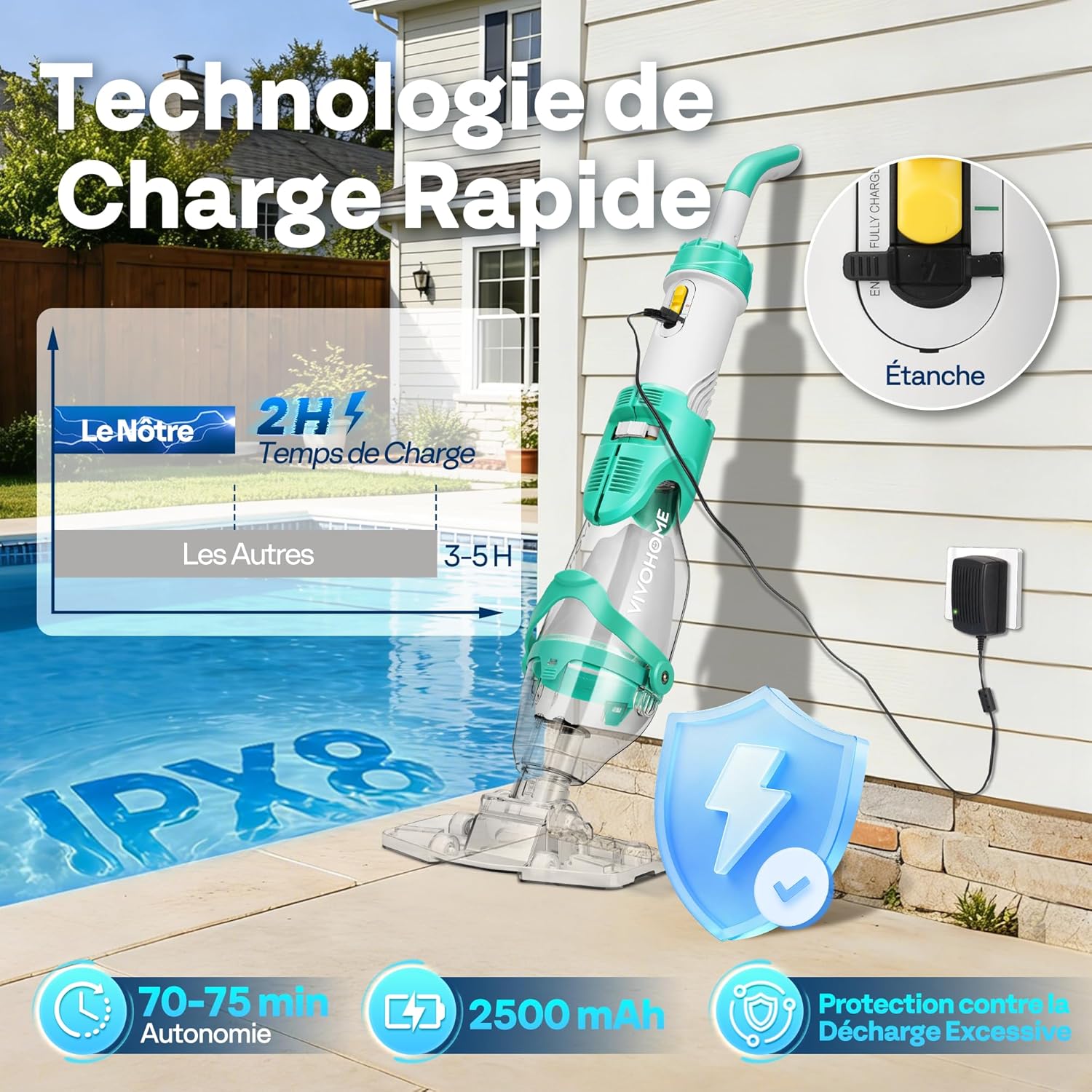 VIVOHOME - aspirateur de piscine sans fil 72LPM - batterie, 4 sacs filtrants, perche télescopique