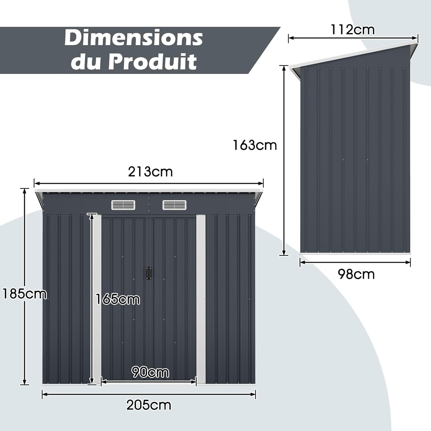 COSTWAY - Abri de Jardin métal - 2 m² - Porte coulissante, toit incliné, 4 aérations, fondation