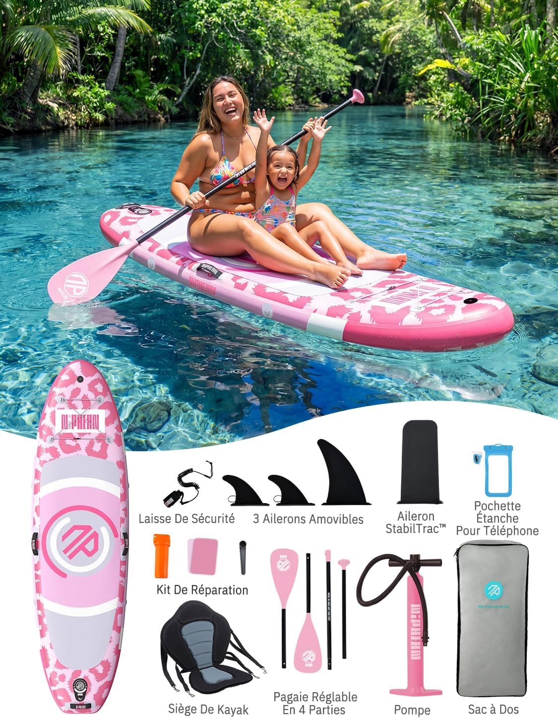Niphean - Paddle gonflable adulte avec siège - 320x81cm - Ultraléger, antidérapant, StabilTrac, yoga, animaux