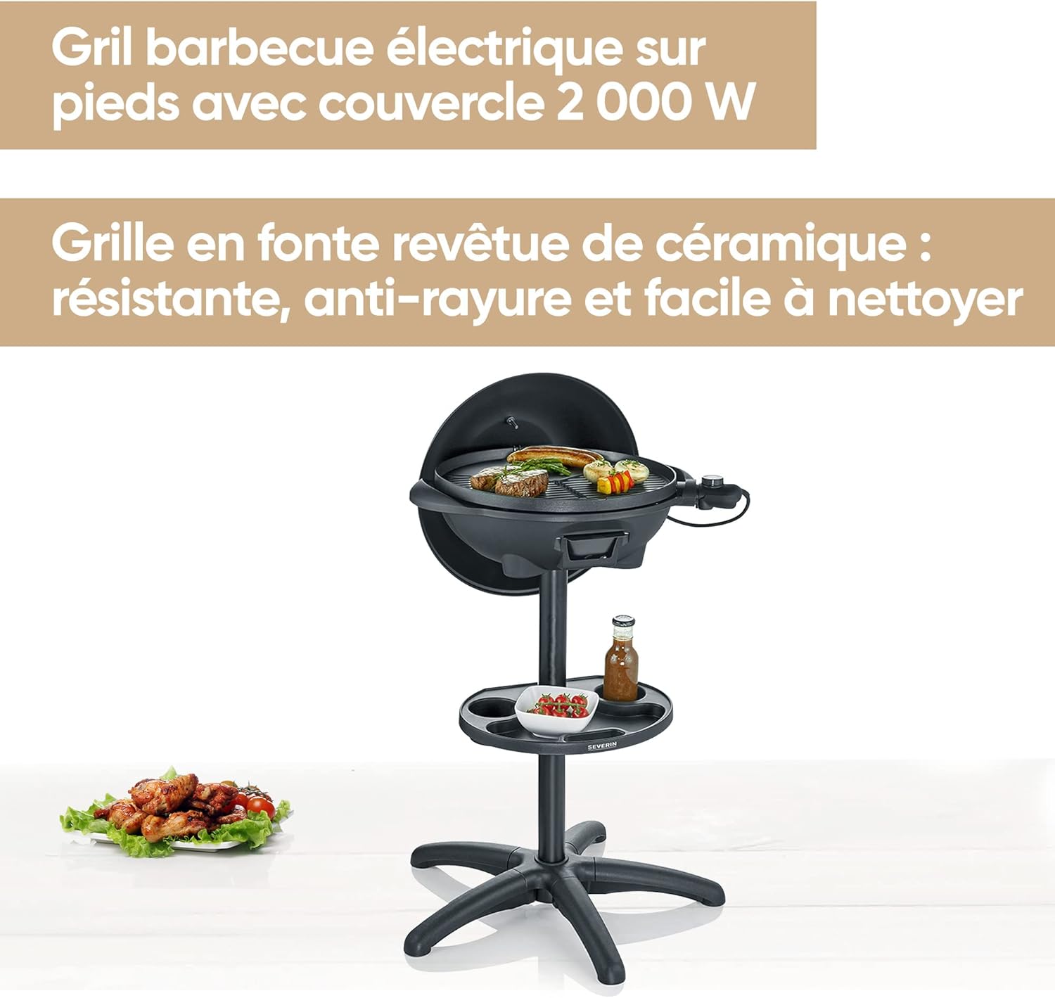 SEVERIN - barbecue électrique sur pieds - surface large, couvercle, grille fonte, thermomètre - PG 8541