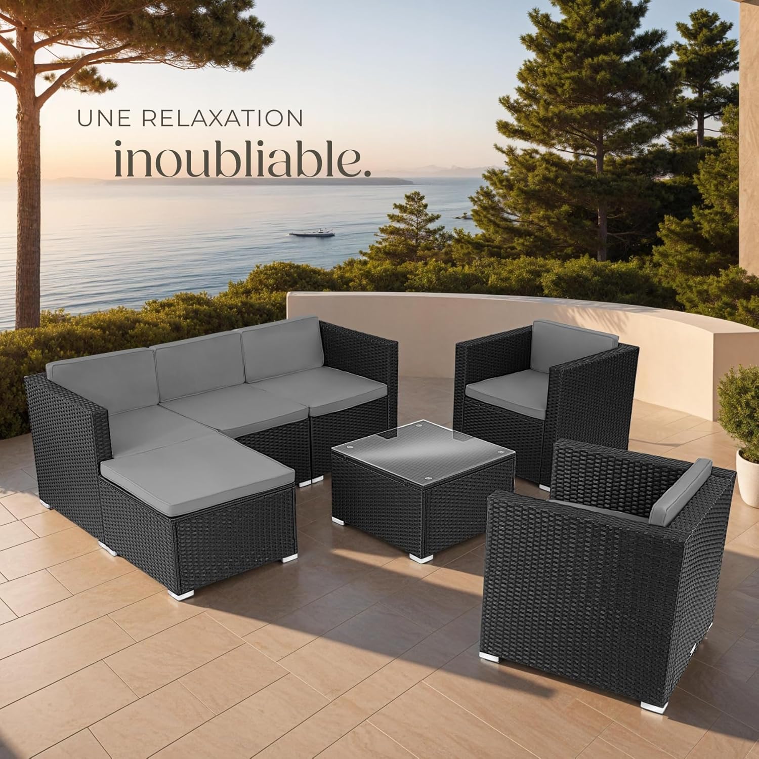 tectake - salon jardin poly rotin modulable 7 places, coussins inclus, ensemble fauteuils et table