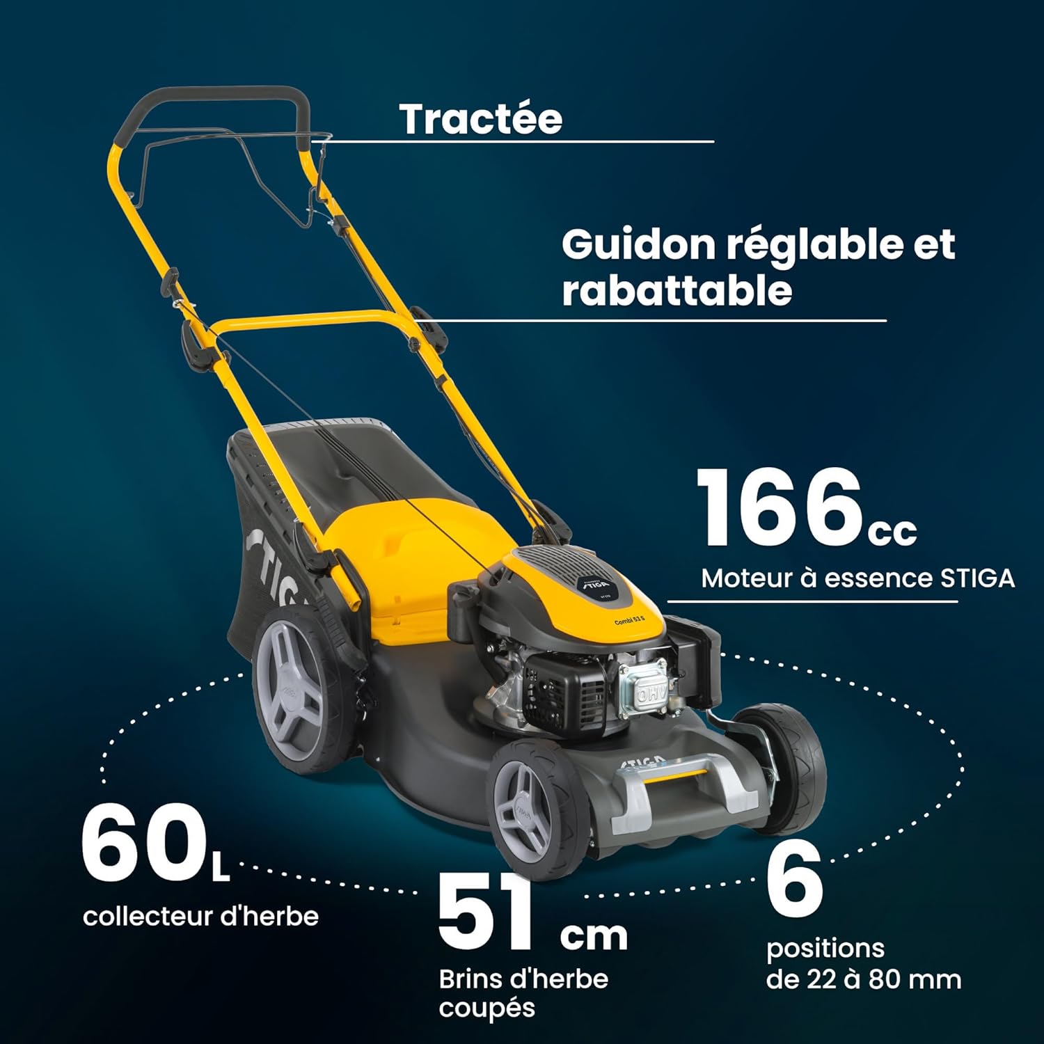 STIGA - Combi 53 S - 51 cm - tondeuse thermique 166 cc, bac 60L, 3-en-1