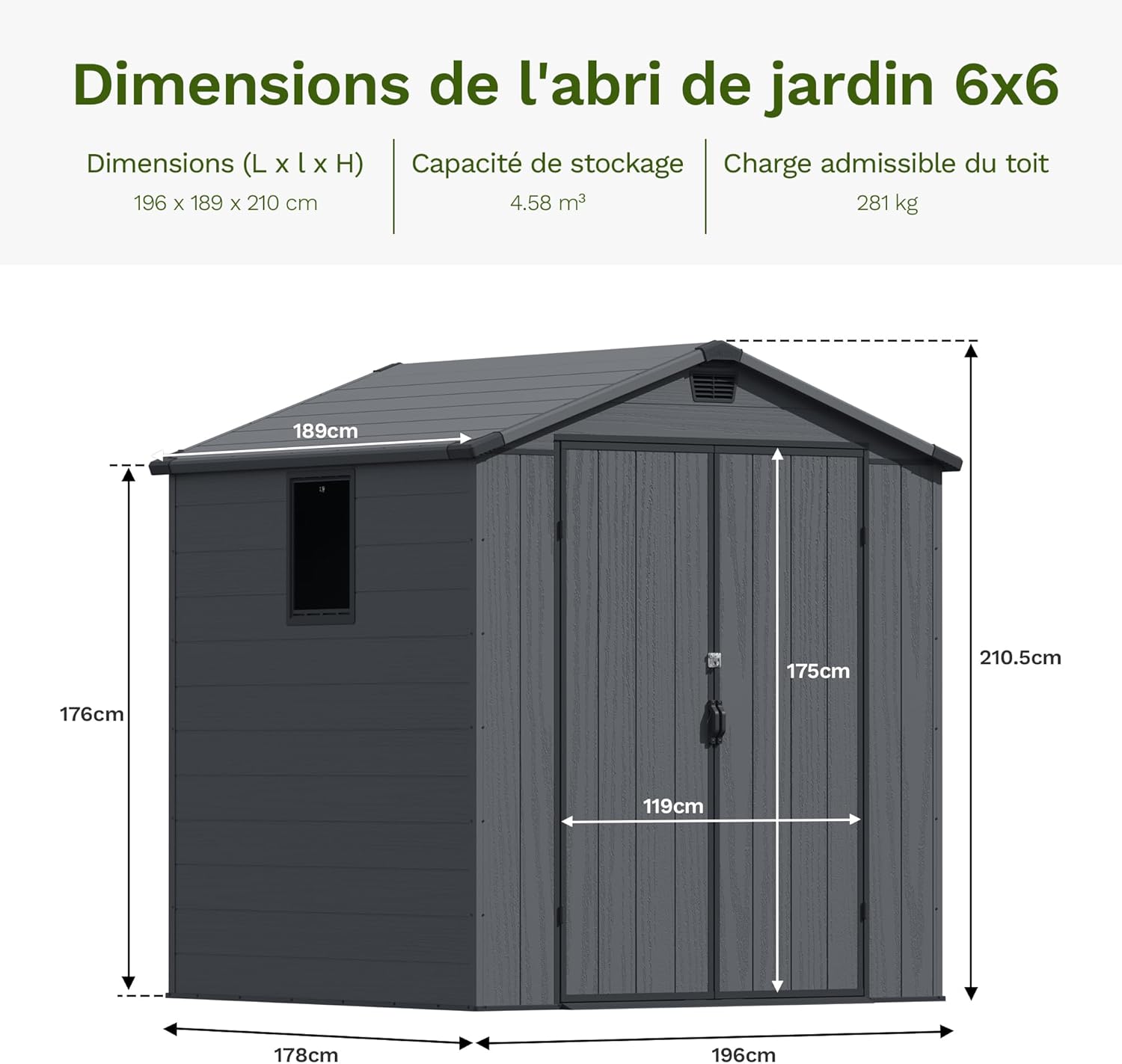 Devoko Abri de jardin extérieur en plastique avec double portes verrouillables et toit en apex – Abri de jardin pour outils de terrasse, abri pour vélo, poubelle – Résistant aux intempéries et à la