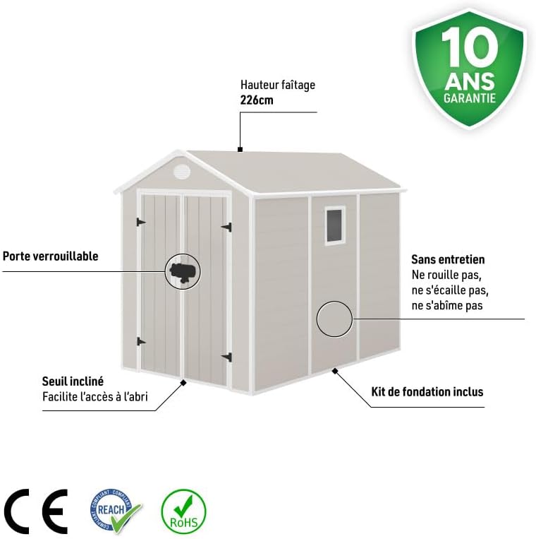 Jôbu - Abri Jardin Résine - 5,32m² - acier, porte double, fenêtre, 226cm