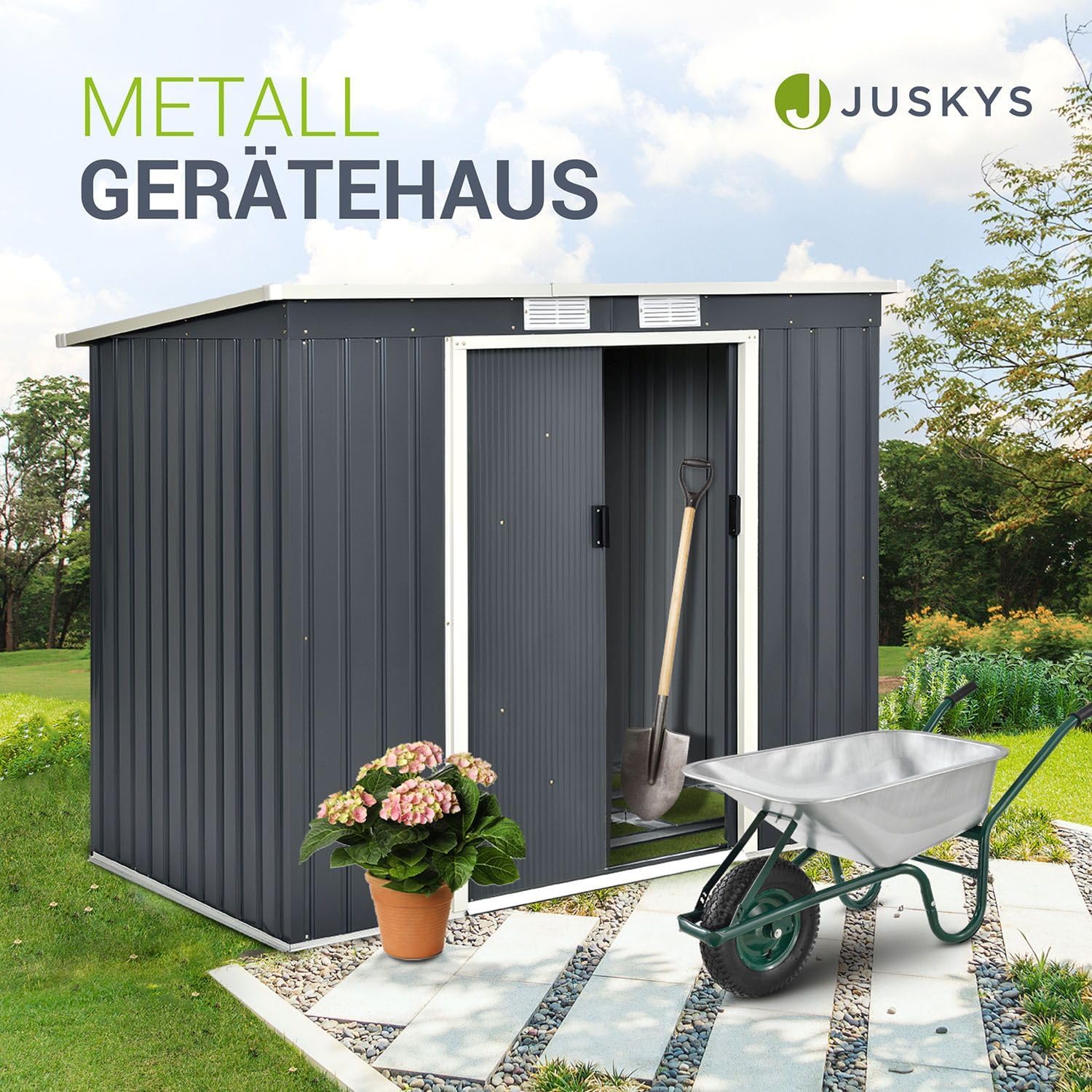 Juskys - Abri à outils en métal, 213x130x173cm, toit en pente, porte coulissante, fondation