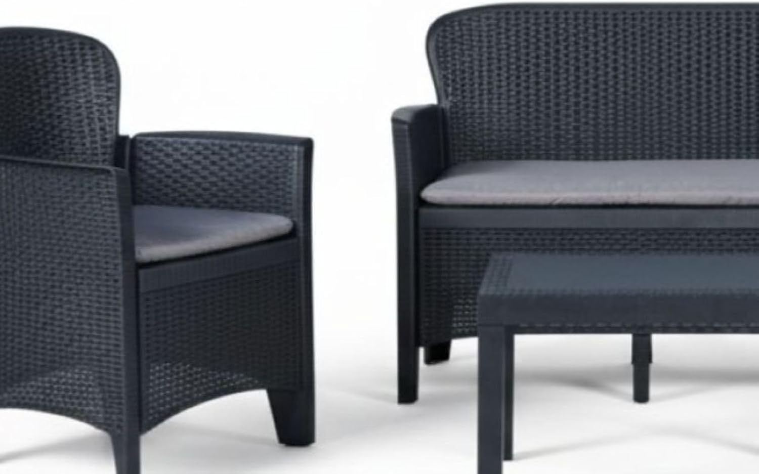 Dmora - Ostuni salon de jardin - 2 fauteuils, canapé, table basse, coussins, effet rotin, anthracite