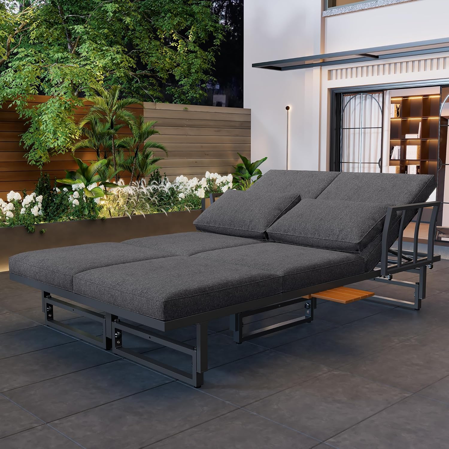 Sapgaks - Ensemble de jardin 6 places, fer, acacia, dossier réglable, table modulable, gris