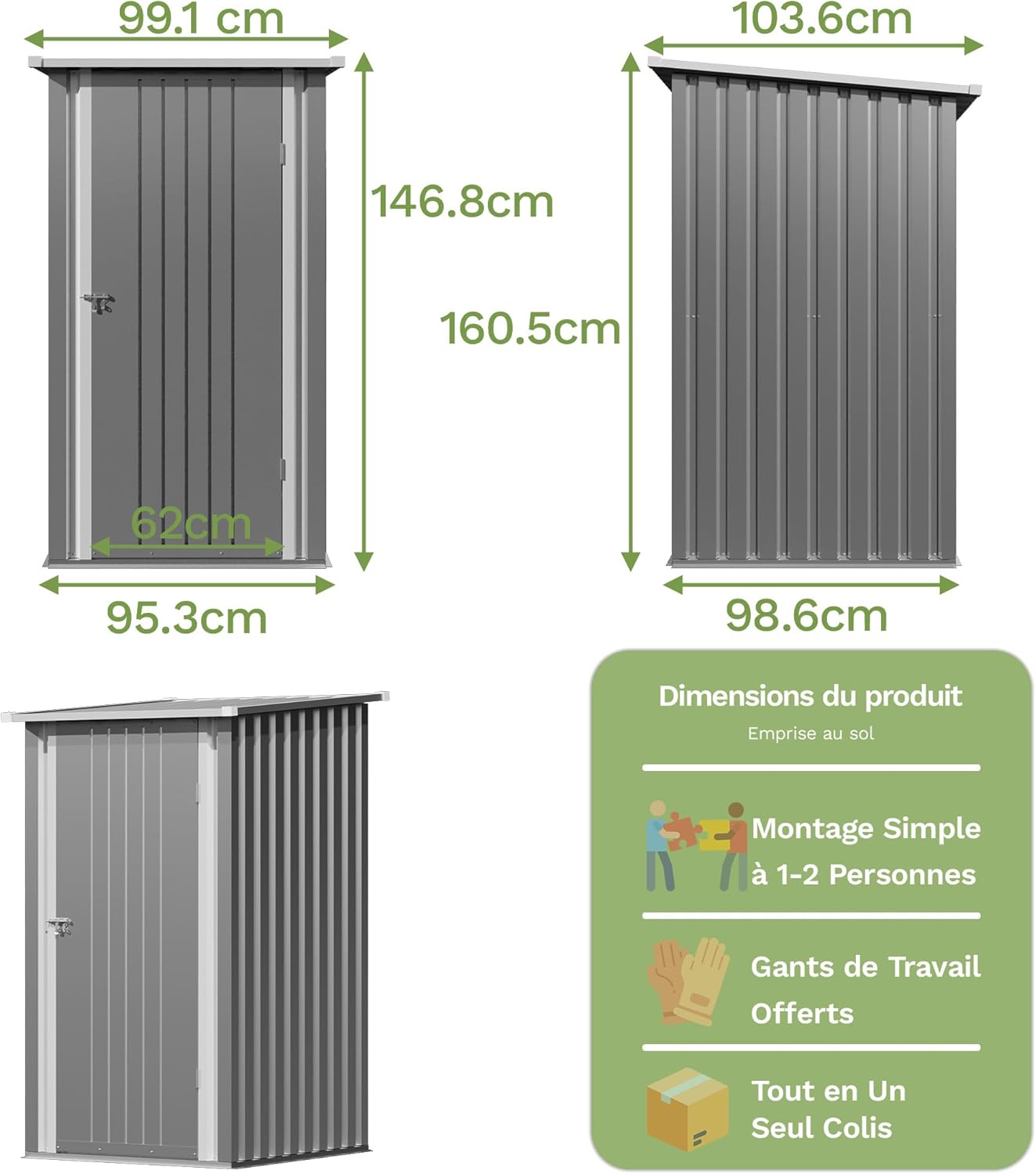 Devoko Abri de jardin en métal 96x98x160 cm, abris de jardin avec toit en appentis, robuste et inoxydable, gants de travail inclus, porte pivotante verrouillable, petit abri de jardin en acier pour