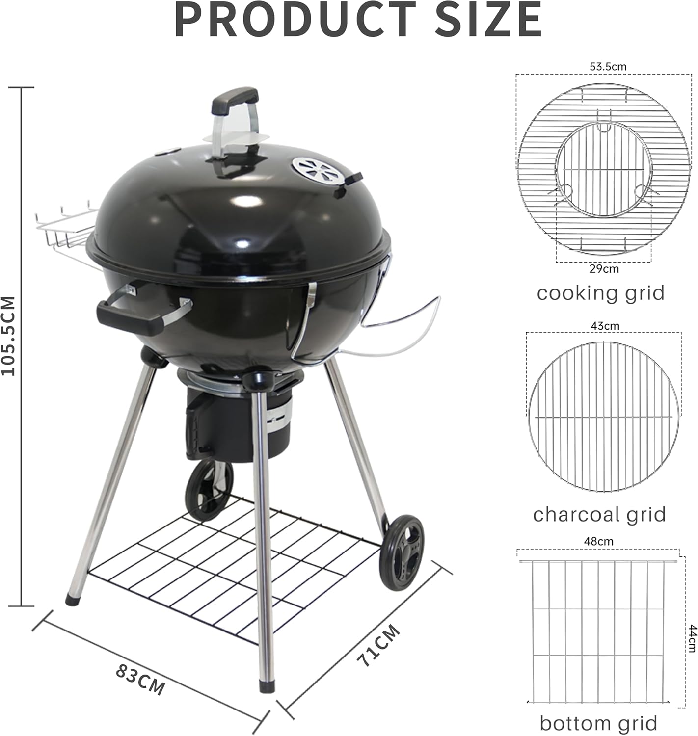 TEENO - 21 inch Barbecue boule, 83x71x105,5cm, tiroir à cendres, couvercle