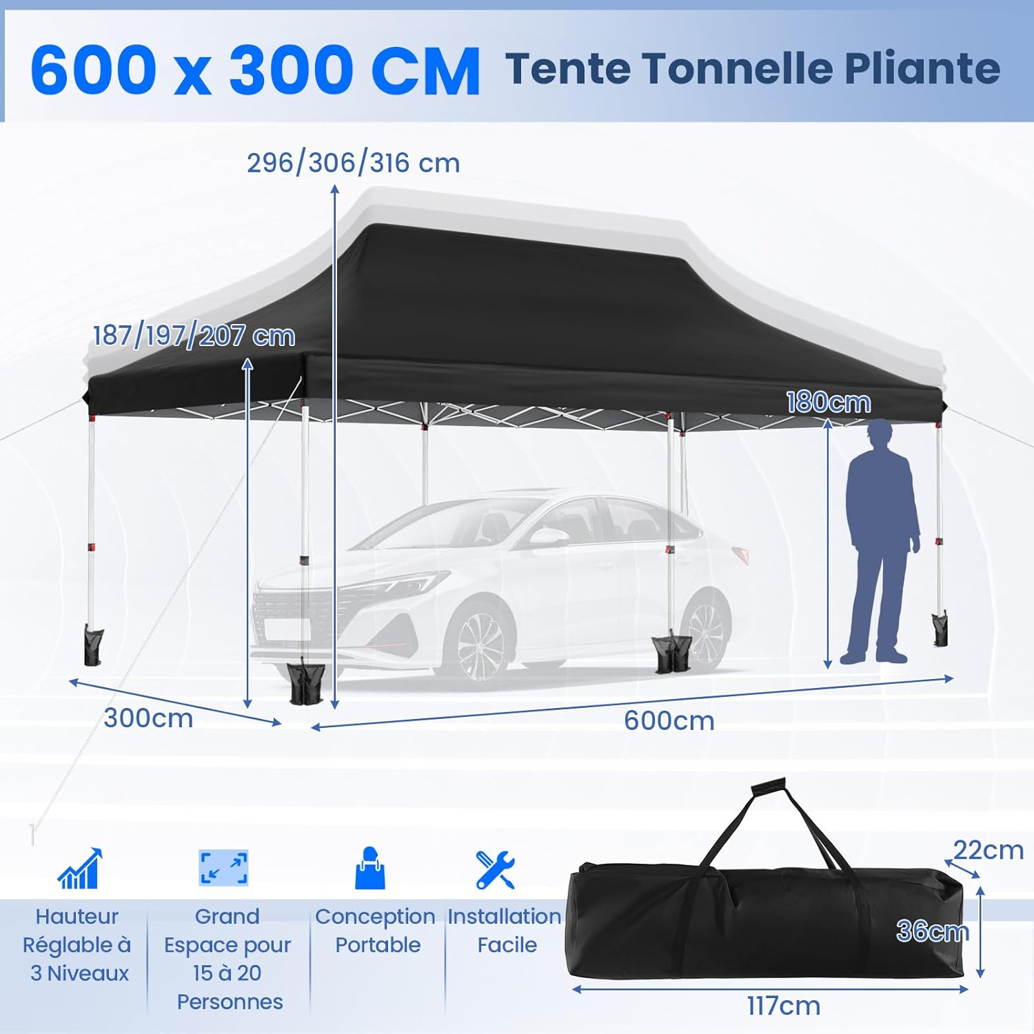 GOPLUS Tonnelle Pliante 3x6m Imperméable, Tonnelle Barnum Pliante 3x6 de Jardin Exterieur, Sac de Transport, Sac Lesté, Pavillon de Jardin Pop-Up pour Fête, Mariage (Noir|sans Bâche)