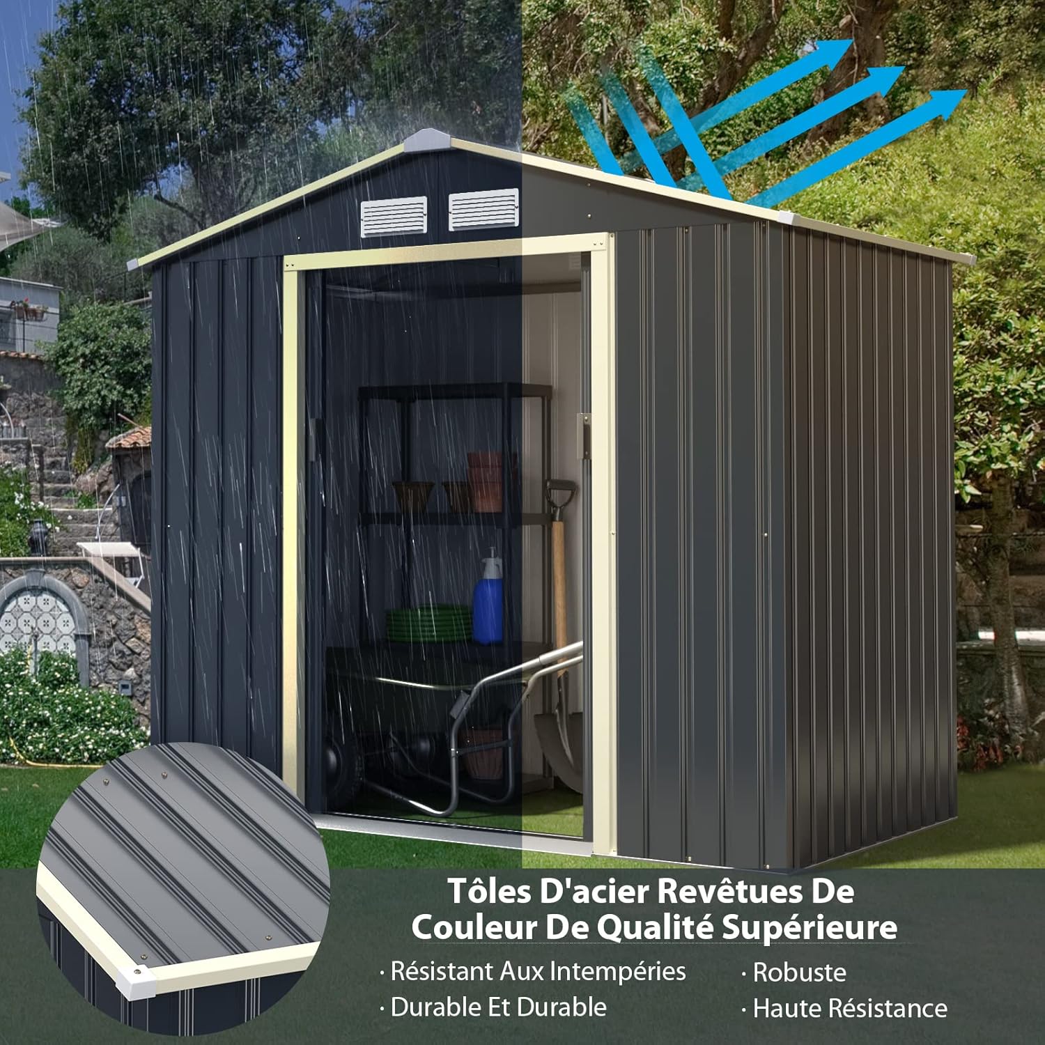 COSTWAY - Abri de Jardin Métal - 213,5x127x194,5cm - 2 portes coulissantes, toit incliné, 4 aérations