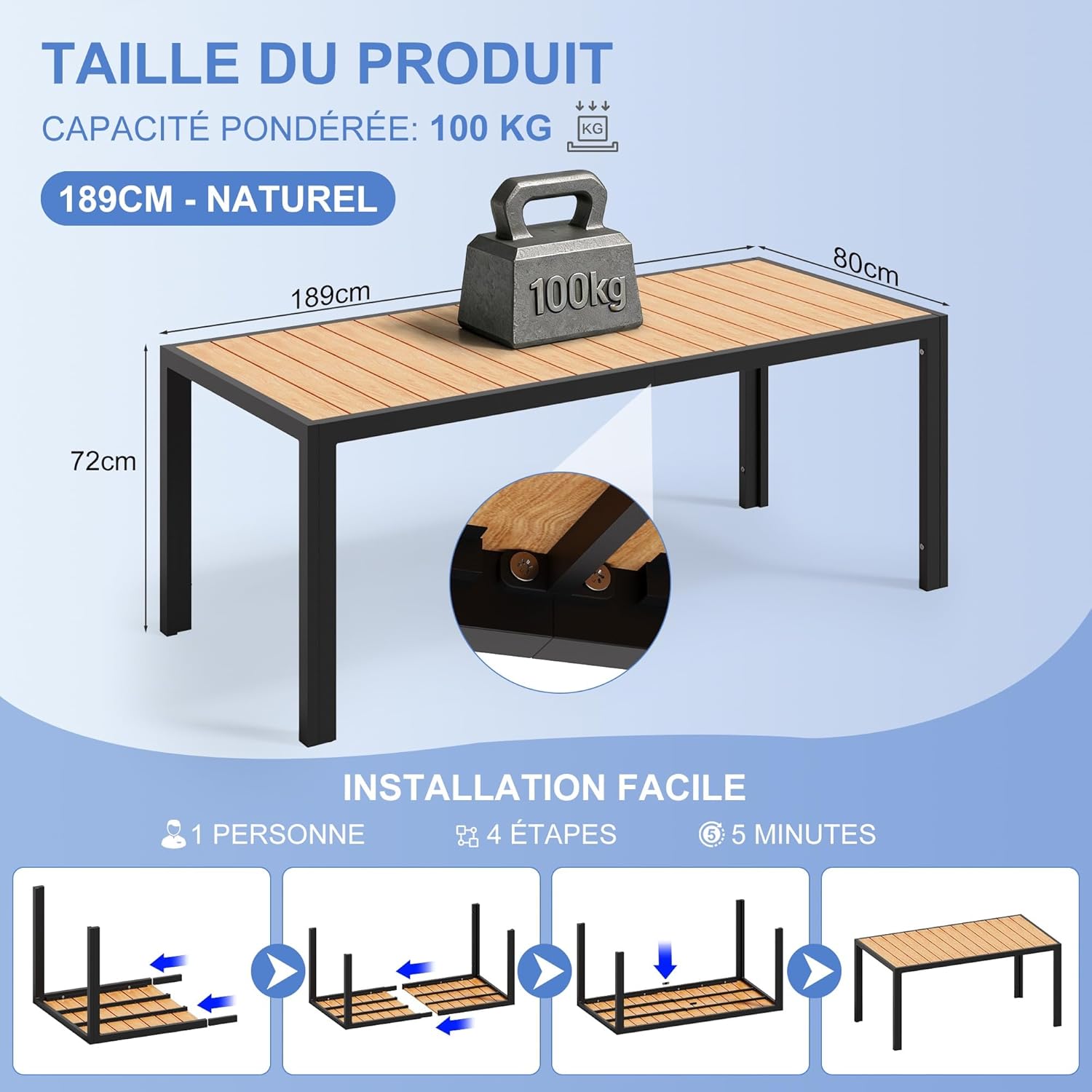 Devoko - table de jardin HDPS - 189x80x72 cm - aluminium, facile à entretenir, résistant intempéries