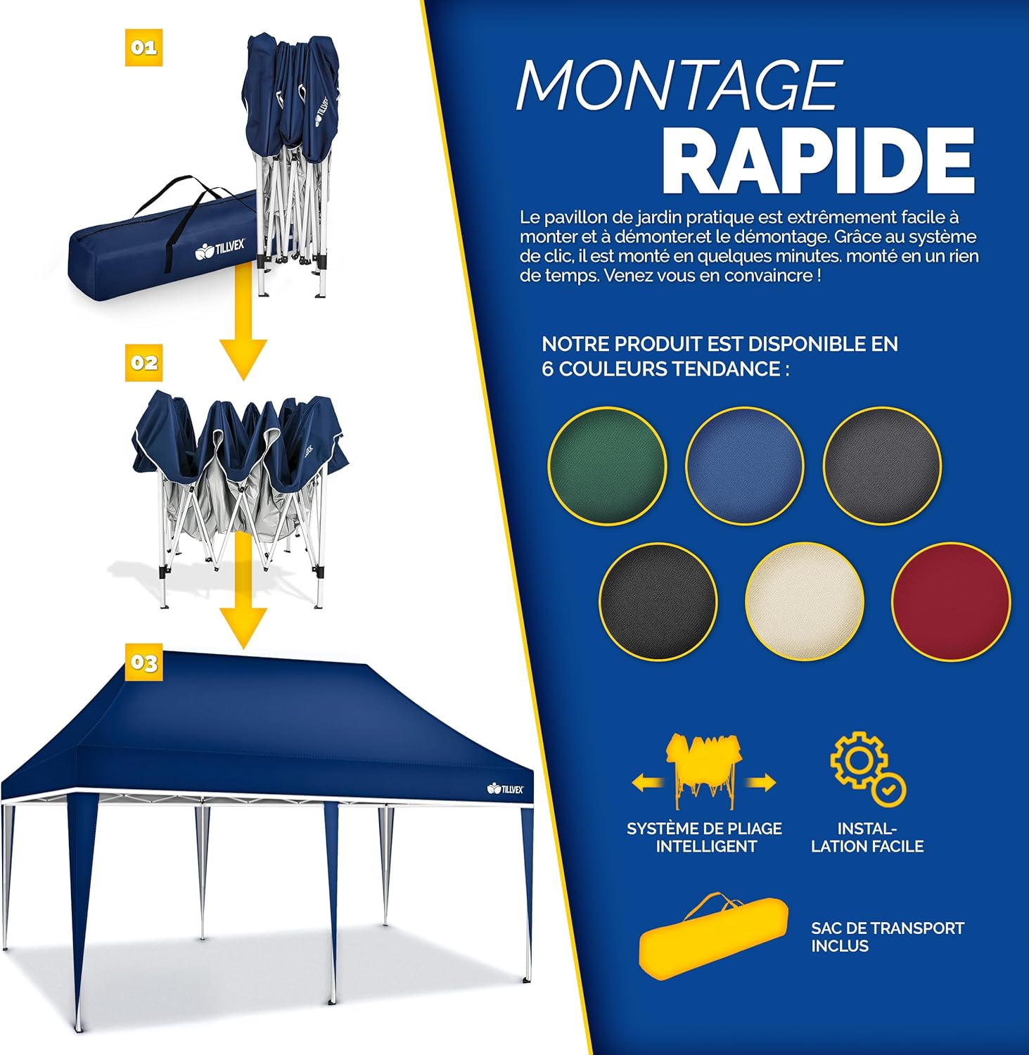 Tillvex - tonnelle pliable 3x6m - étanche, réglable, UV50+, bleu