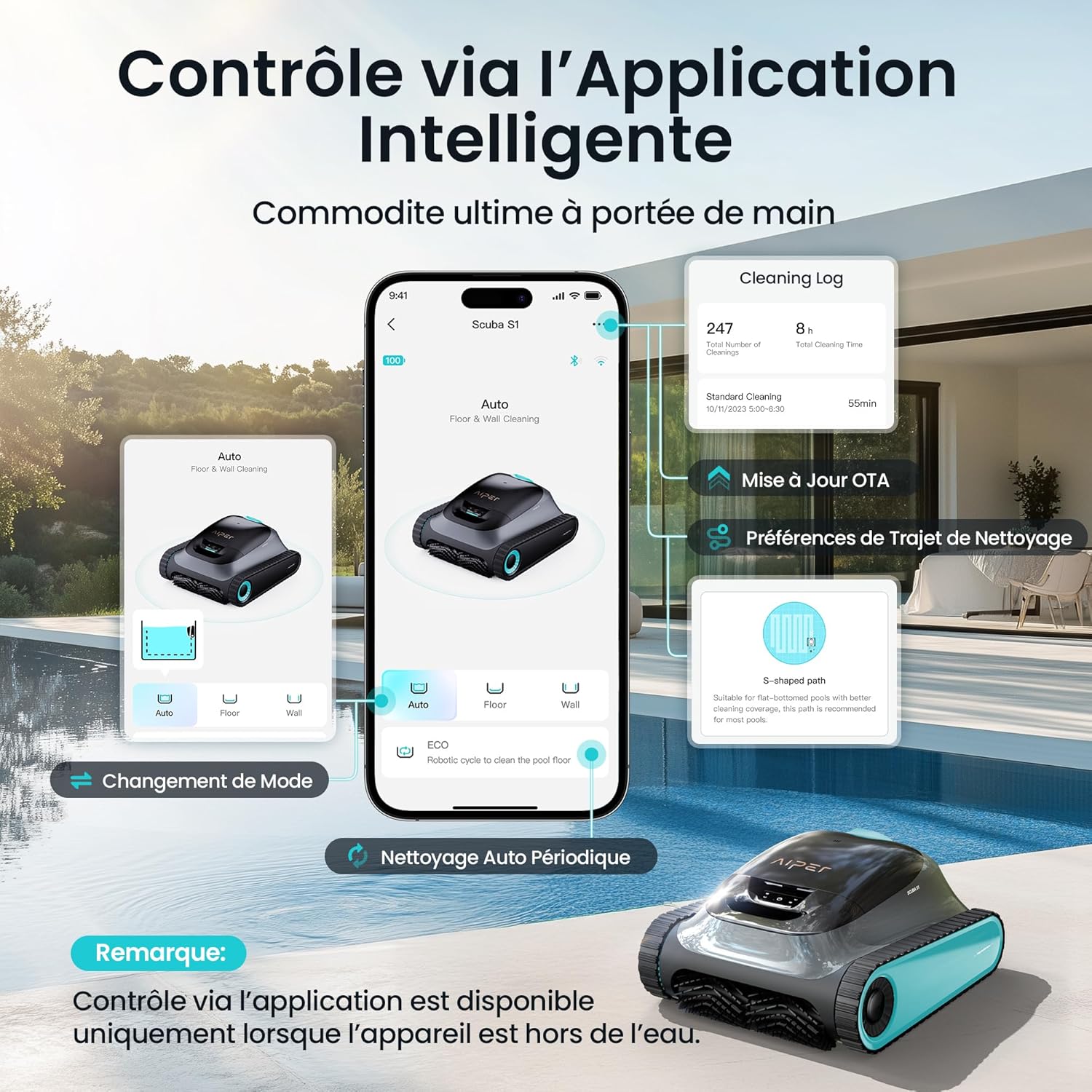 (2026 Upgrade) Aiper Scuba S1 Robot Piscine, Plan Hebdomadaire Personnalisé, Autonomie de 270 Min, Filtration Ultra-Fine, Nettoyage Fond/Parois/Ligne d’Eau, Navigation 11 Capteurs, Contrôle Via App