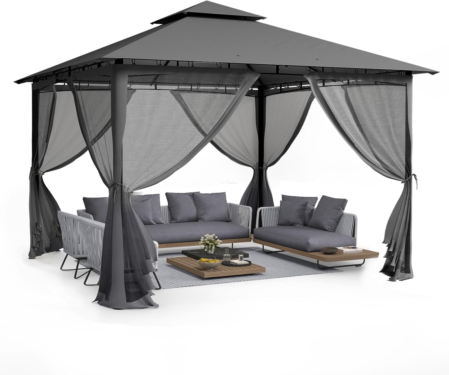 UDPATIO - Double Toit, 3.4x3.4m - Métallique, moustiquaire, gris