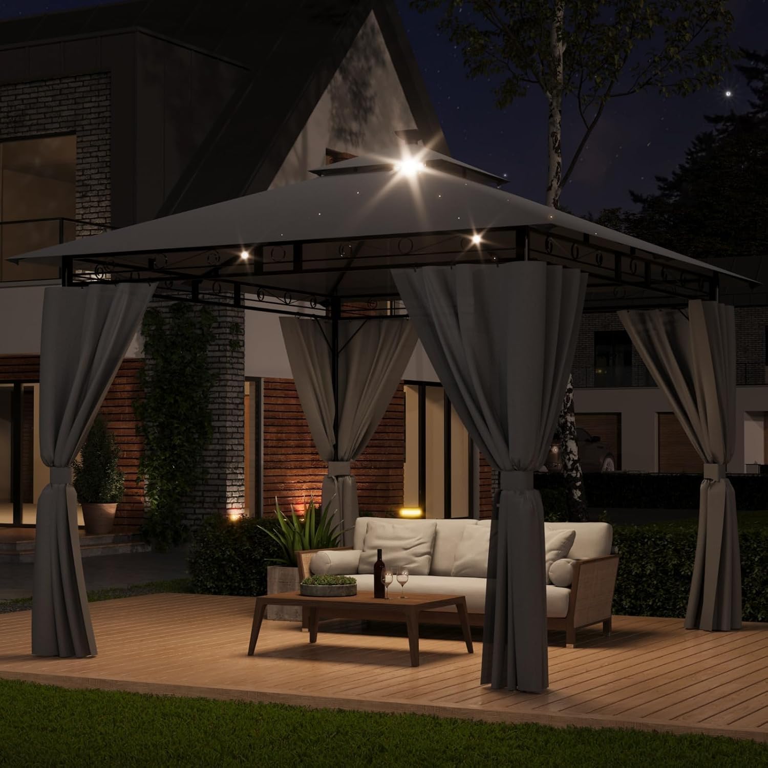 Devoko - Tonnelle Deluxe - 3x3m - LED, métal, 4-6 pers, gris