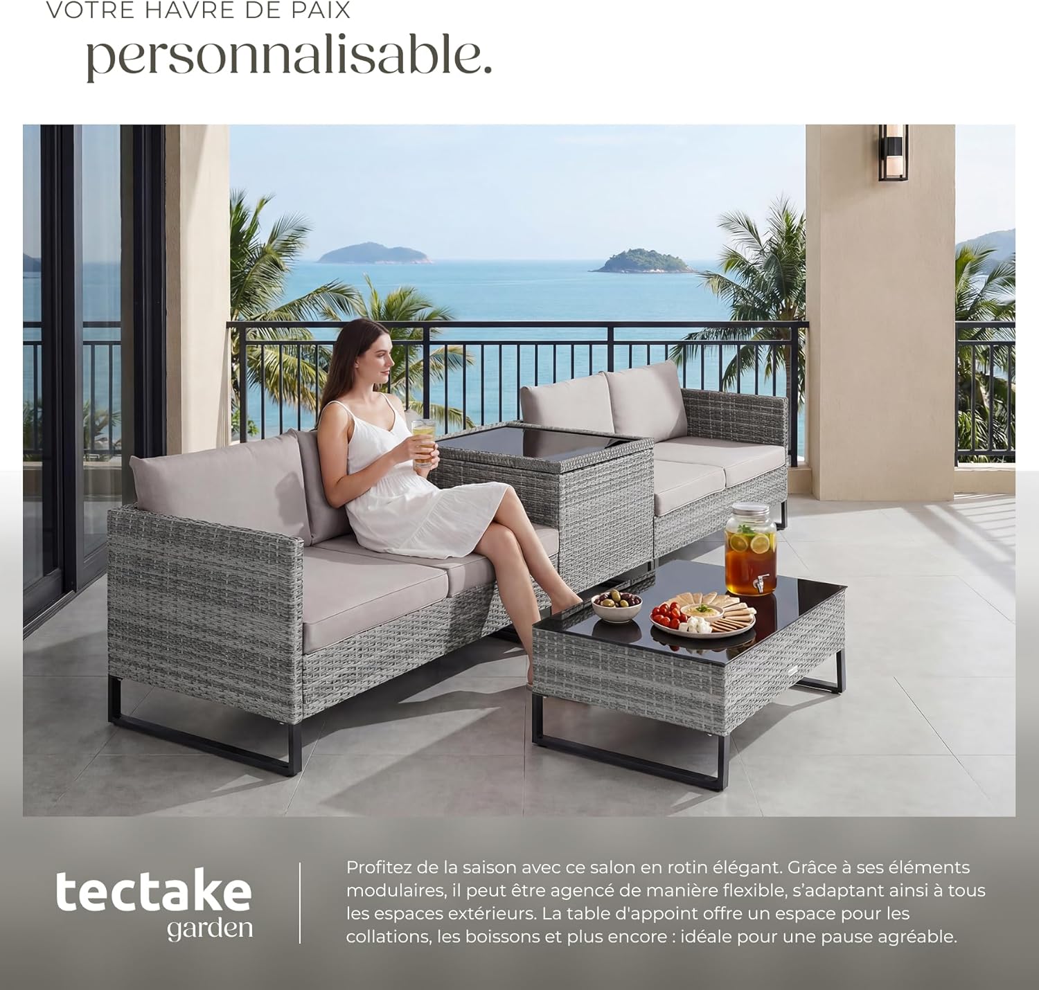 tectake - Salon de jardin modulable 4 places, table verre, coffre, coussins