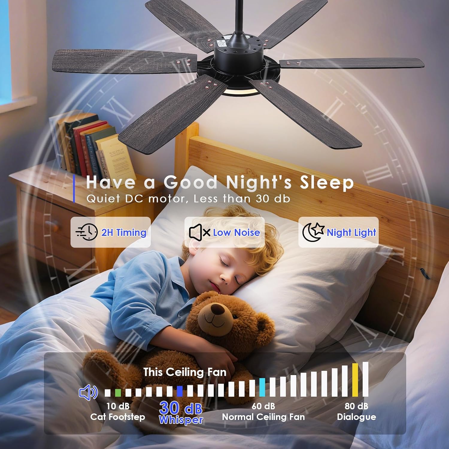 Kviflon Ventilateur de Plafond avec Lumière 132 cm, Moteur DC Silencieux et Économe, Télécommande & Contrôle par App, 6 Vitesses, LED Dimmable, 3 Pales ABS, Design Moderne Noir pour Chambre et Salon