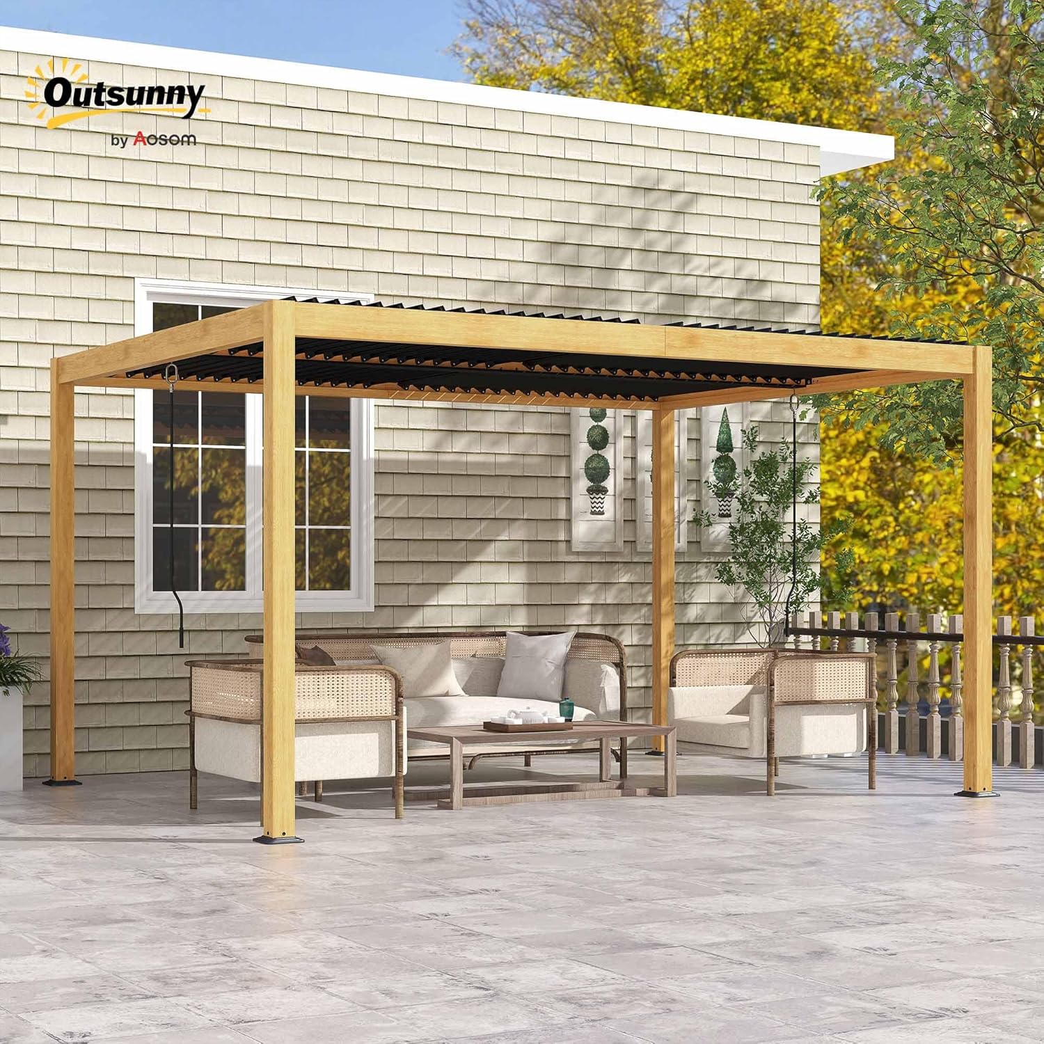 Outsunny - pergola bioclimatique aluminium 3x4m, lames orientables, noir effet bois