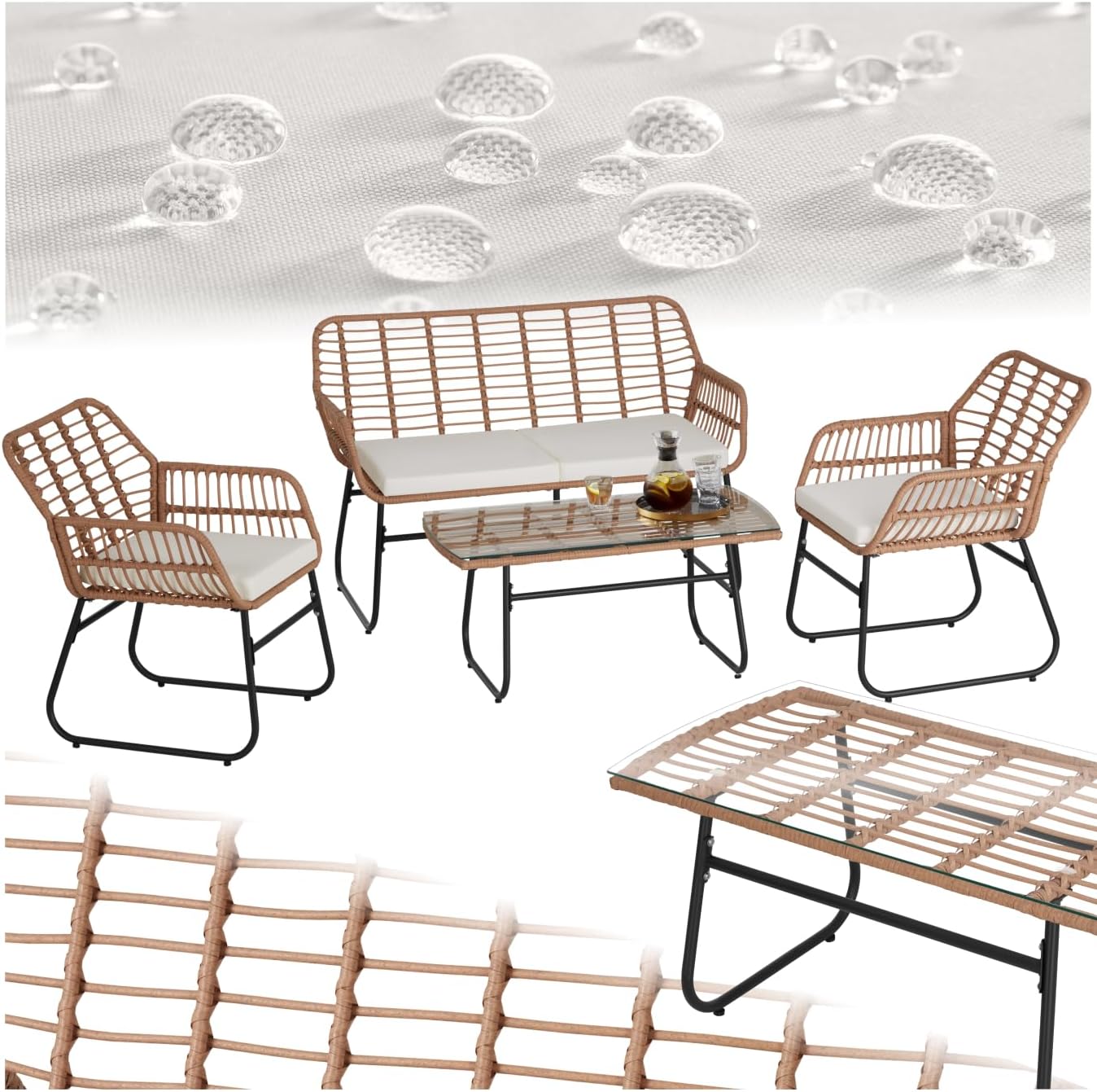 tectake - salon de jardin poly rotin 4 pcs, coussins, plateau verre 401206
