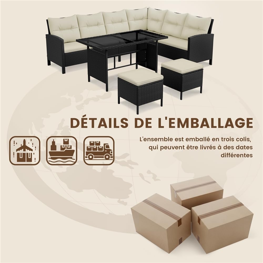 Yaheetech - Ensemble Salon 4 pièces polyrotin, canapé, table, ottomans, extérieur, noir/beige