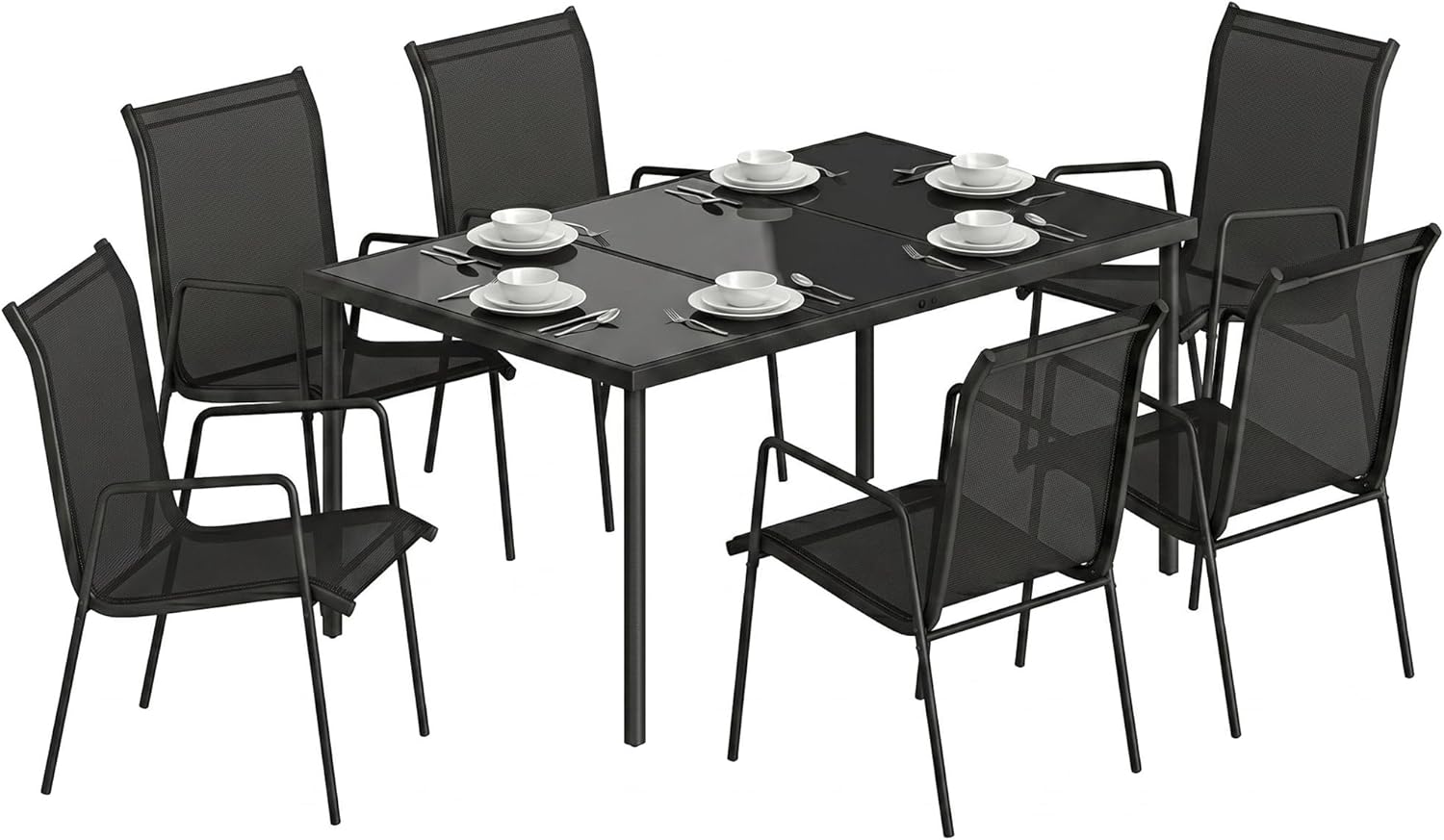 Outsunny - salon de jardin 6 places - table verre trempé, chaises empilables, textilène, noir
