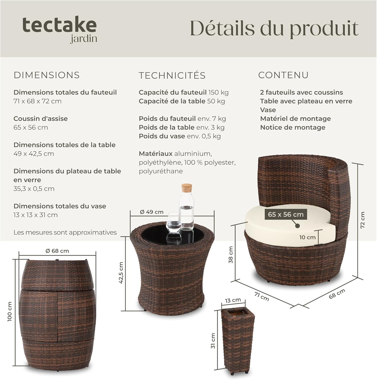 tectake - Salon de jardin 2 places - aluminium & rotin, coussins, pot, balcon