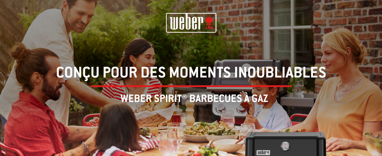 Le texte indique « Weber » montrant des scènes de grillades en plein air avec des groupes rassemblés autour de barbecues, mettant l'accent sur les repas sociaux et l'expérience culinaire en plein air.