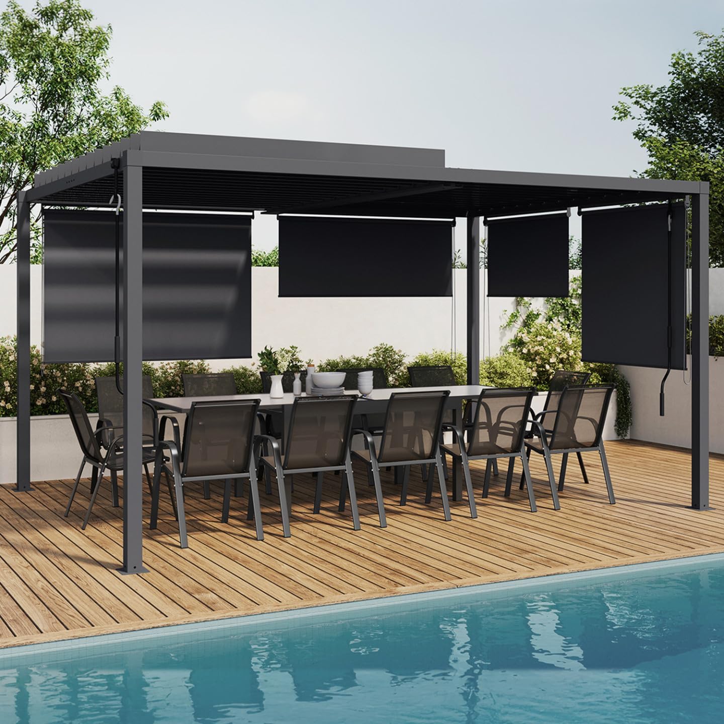 IDMarket - Pergola bioclimatique acier 3x4m, 4 stores, gris anthracite