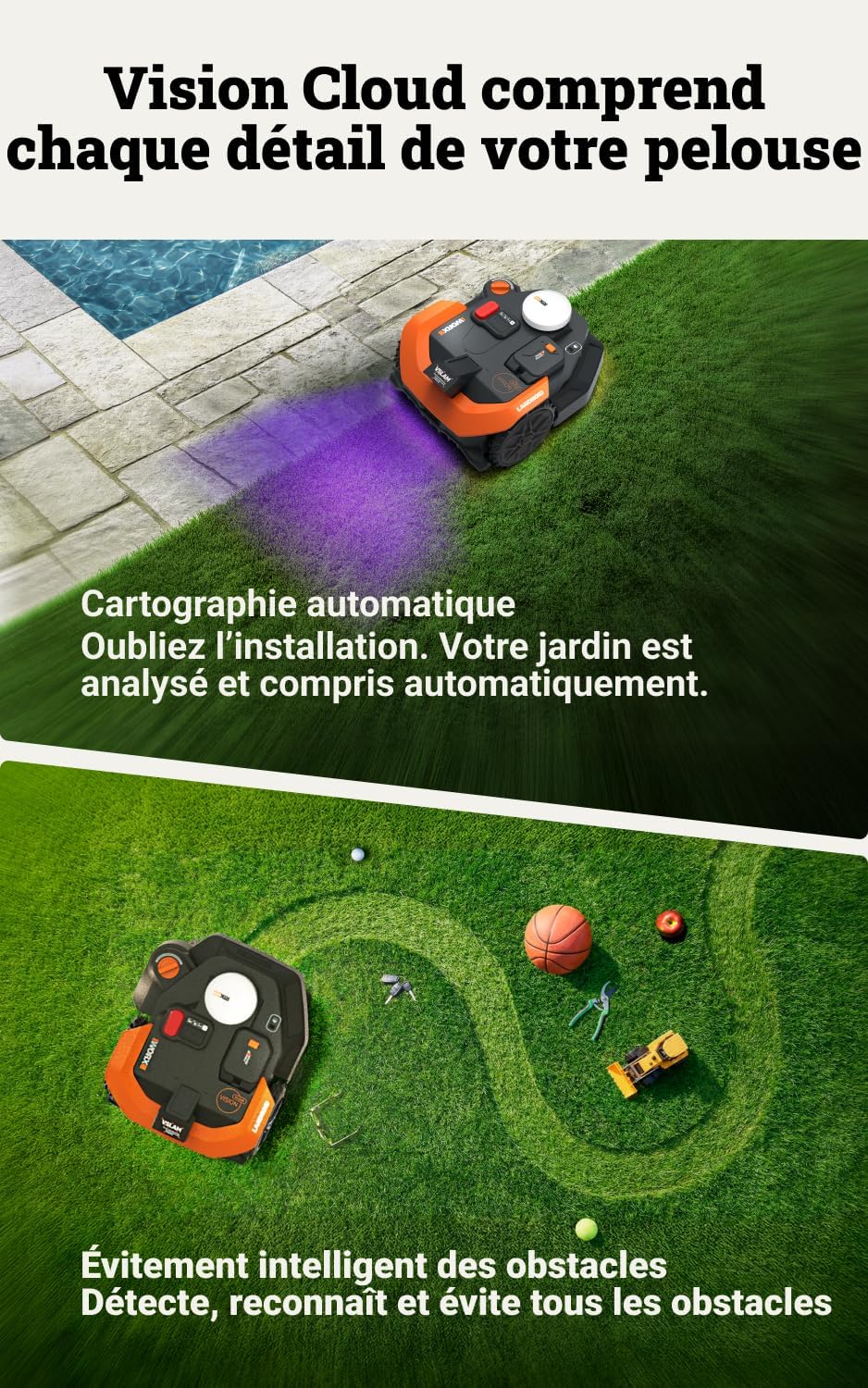 WORX - Vision Cloud série - 1200 m² - tondeuse robot IA, VSLAM, RTK, WR312E