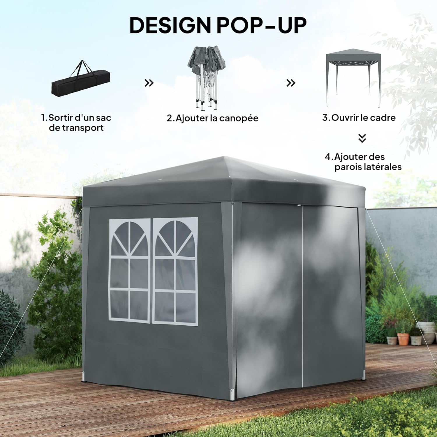 Outsunny Tonnelle de Jardin extérieure 2 x 2 m, tonnelle Pliante Pop-up, réglable en Hauteur, Protection UV, Cadre en Acier, 4 côtés Amovibles, pour Camping, Festival, Plage, Sac de Transport, Gris