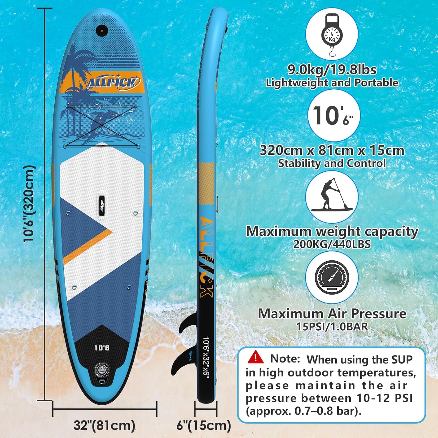 ALLPICK Paddle Gonflable, Kit de Padelsurf de Stand Up Paddle Sup Gonflable de 320 cm, avec Support Universel pour Caméra, Pagaie réglable, Débutants et confirmés, 200 kg