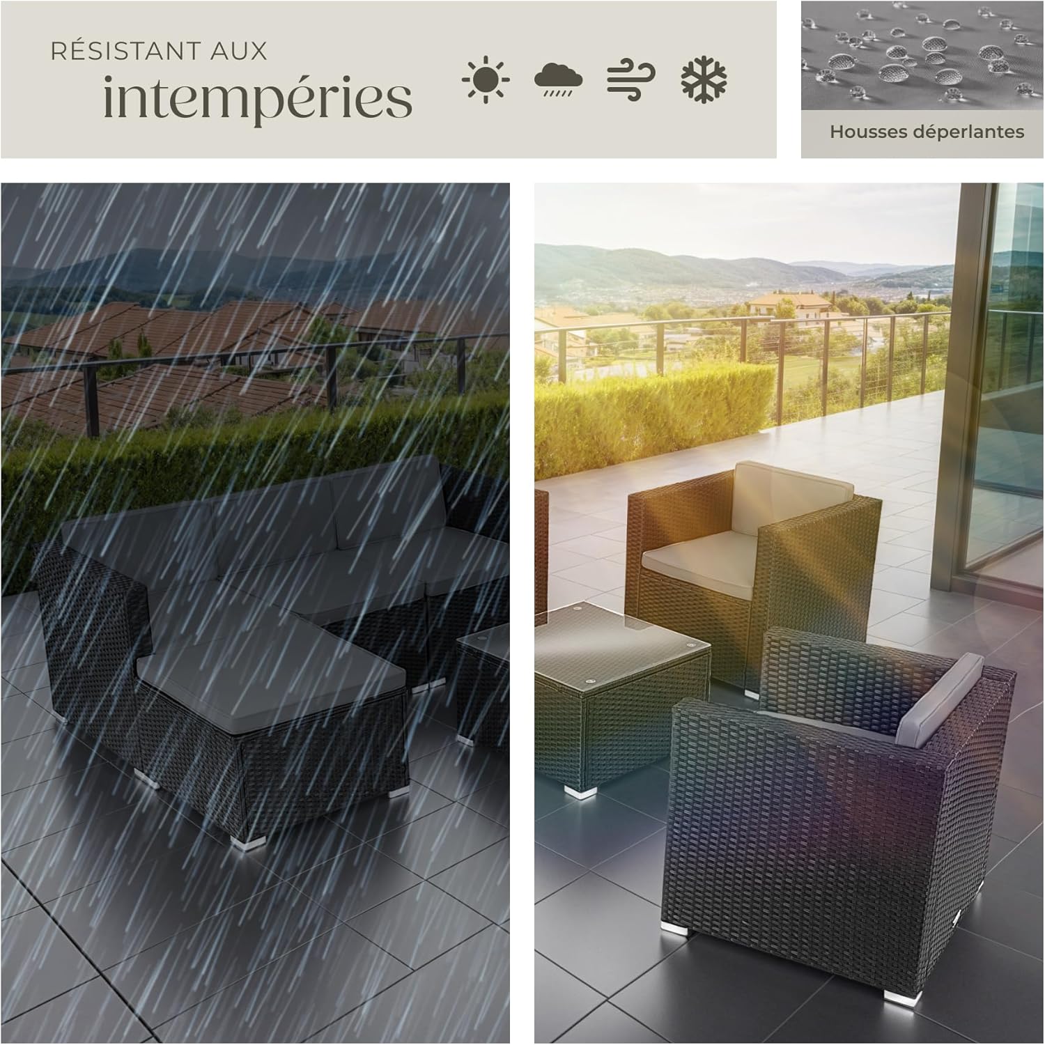 tectake - salon jardin poly rotin modulable 7 places, coussins inclus, ensemble fauteuils et table