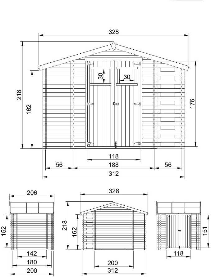 Timbela - abri de jardin bois, 328x206x218cm, toit étanche, fenêtres M389