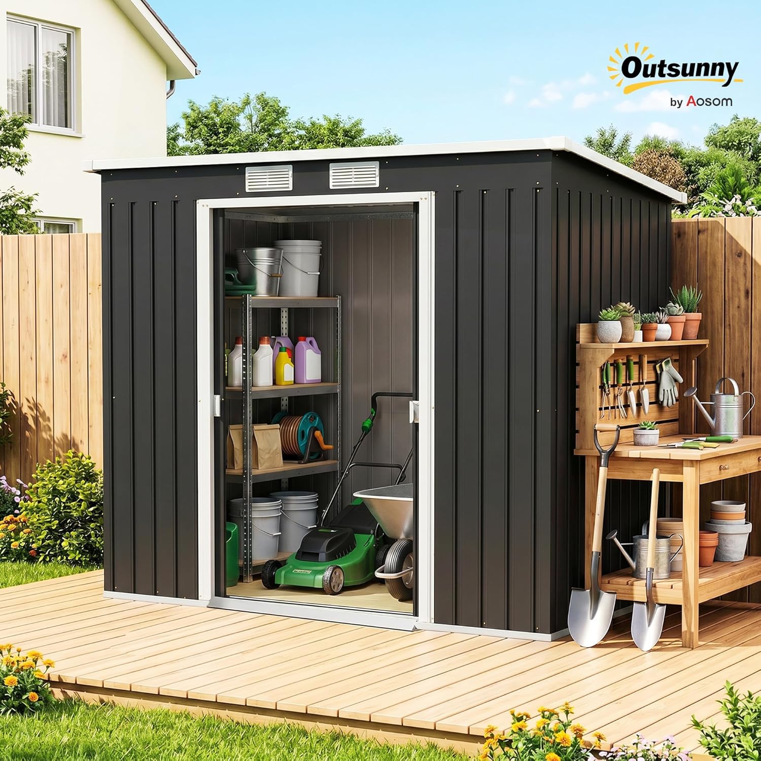 Outsunny - abri de jardin acier 2,77 m², 213x130x172 cm, portes verrouillables, fondation