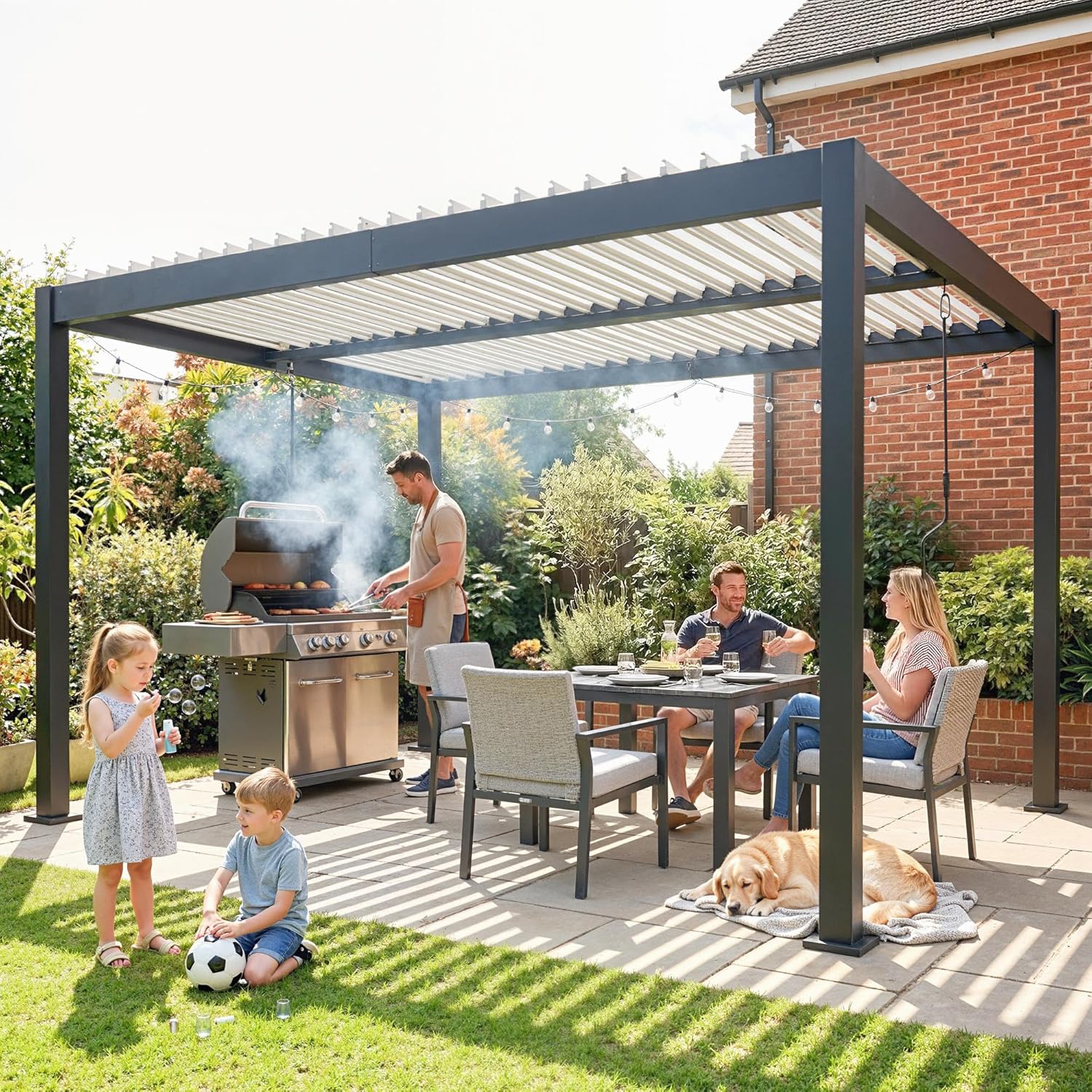Outsunny - Pergola Bioclimatique - 4x3m - alu blanc, toit lames orientables, manivelle