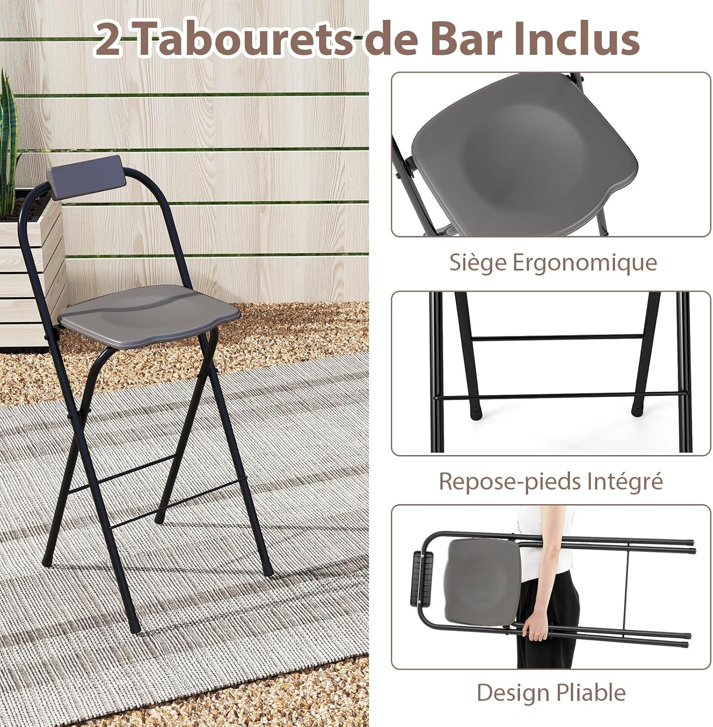 COSTWAY - Tonnelle barbecue 3 pcs - table/bar étagères métal, chaises pliables, auvent double toit, gris