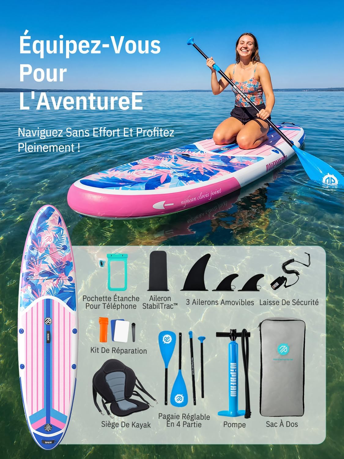 Niphean - Paddle gonflable adulte 320cm, 200kg, siège, pour 2 personnes