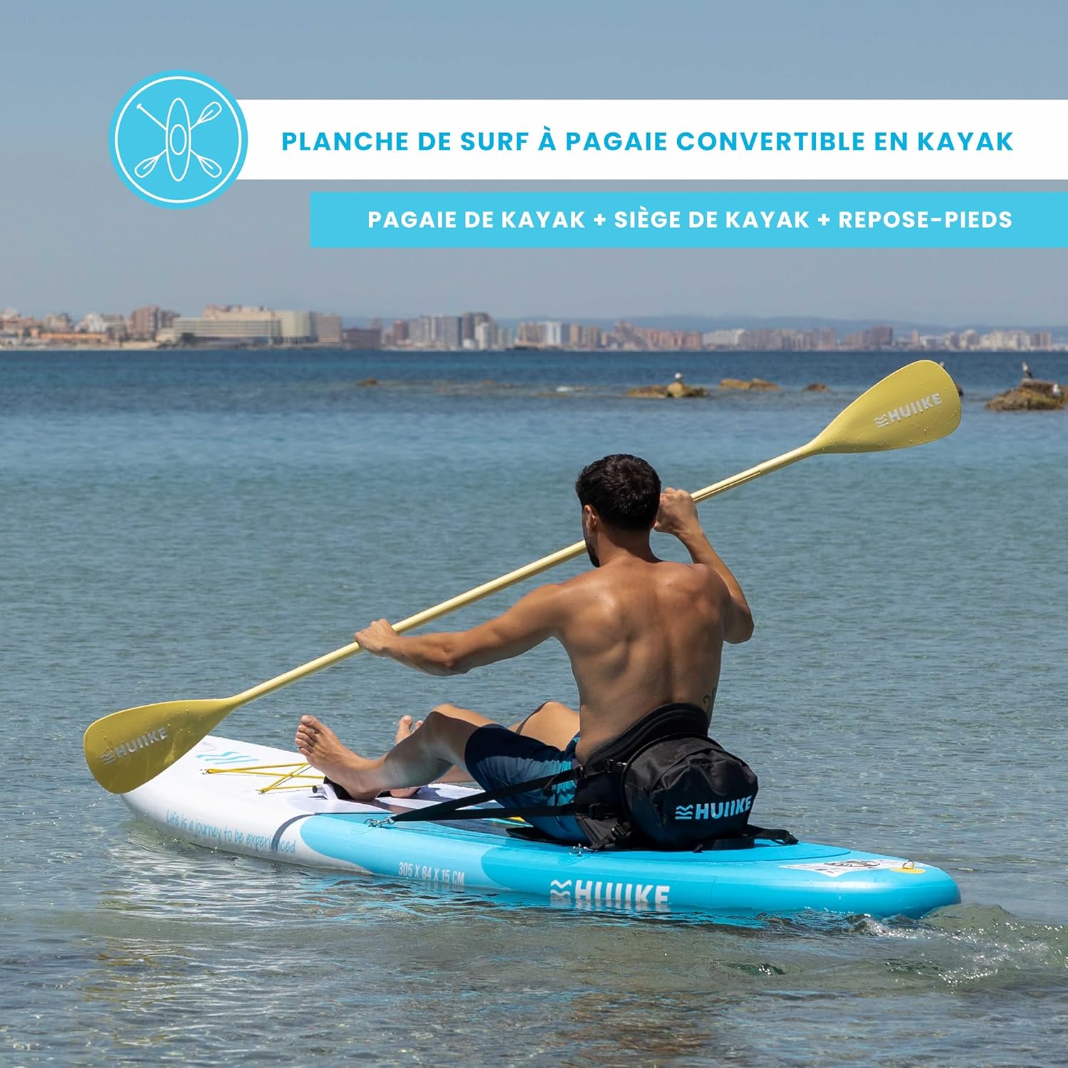 HUIIKE Paddle Gonflable Adulte avec Accessoires Inclus, Pagaie, Ailerons, Pompe. Planche de Stand Up Paddle Grande Stabilité et Résistance. 305 x 84 x 15 cm, Jusqu'à 130 kg