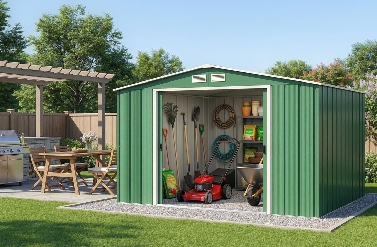Duramax ECO 10 x 10 (9.16 m²) Abri de Jardin en Métal Galvanisé à Chaud, Structure de Toit Renforcée, Sans Entretien, Vert