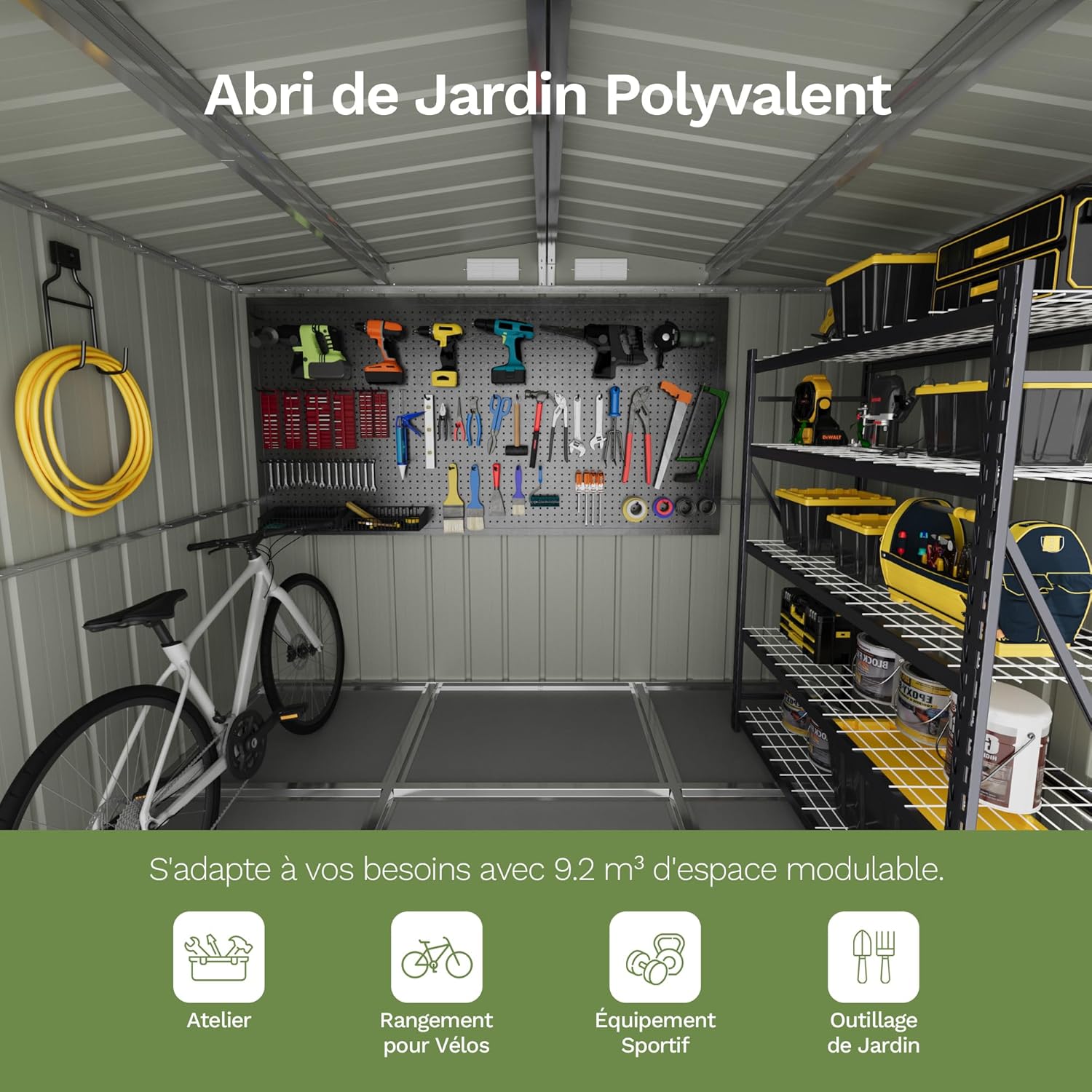 Devoko - abri de jardin métallique - 8x6ft - toit penté, ventilation, gris