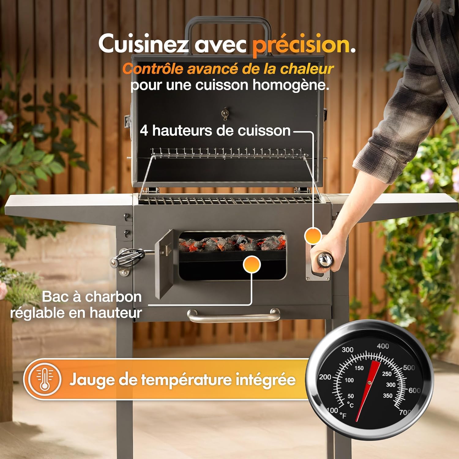 VonHaus - Barbecue charbon portable - hauteur réglable, grilles, roulettes, tables latérales, étagère - 78x40x90 cm