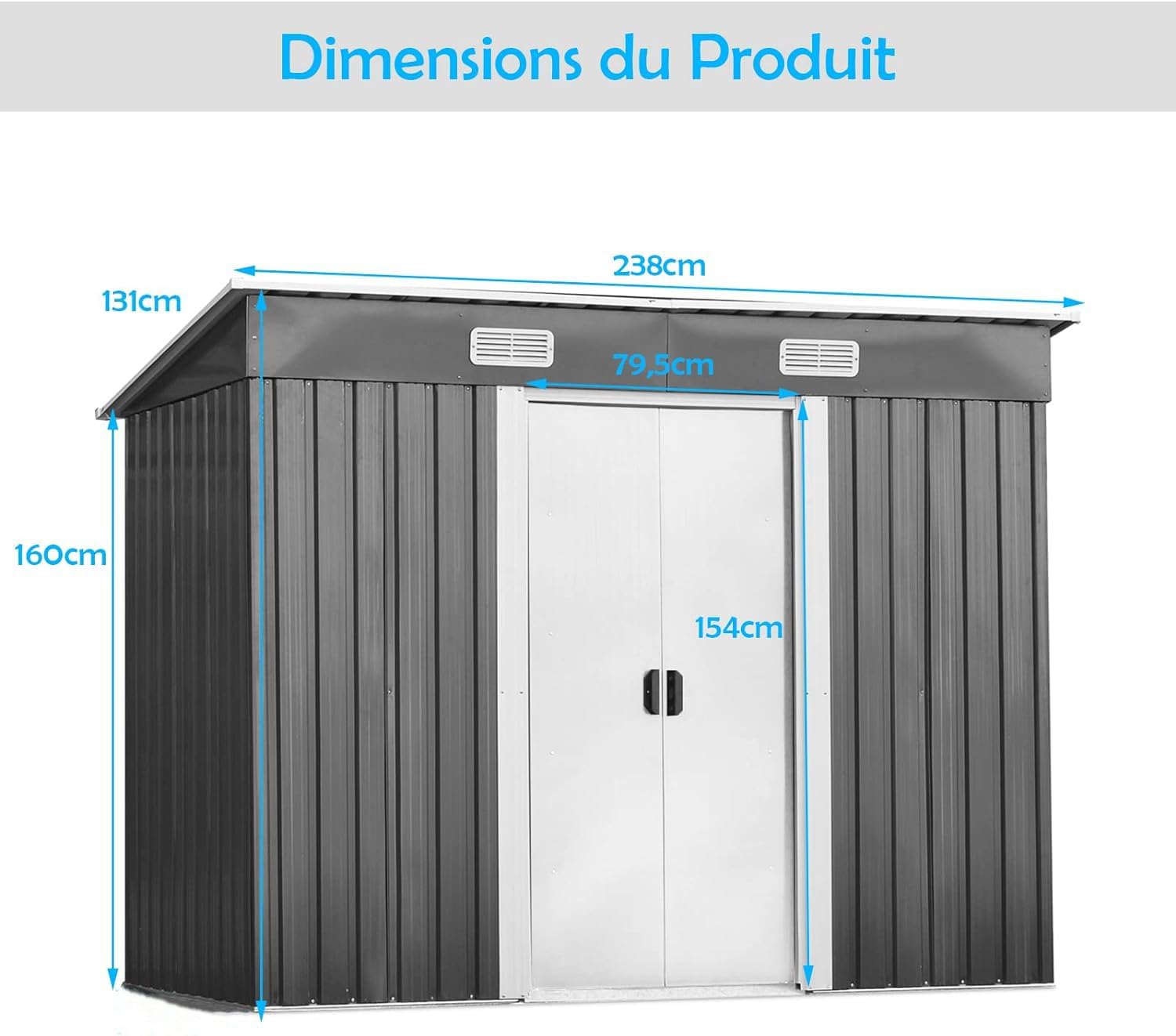 GOPLUS - abri de jardin métal - 238x131x181 cm - portes coulissantes, 3,1㎡