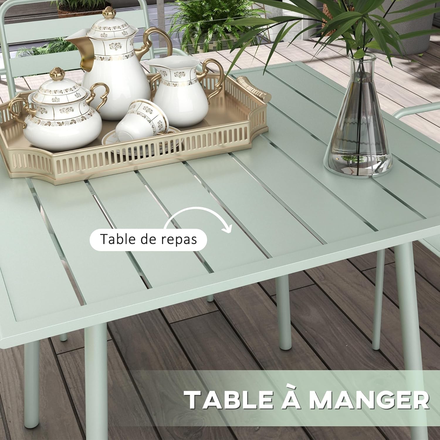 Outsunny - Salon de jardin 5 pièces - table + 4 chaises acier vert clair - chaises empilables
