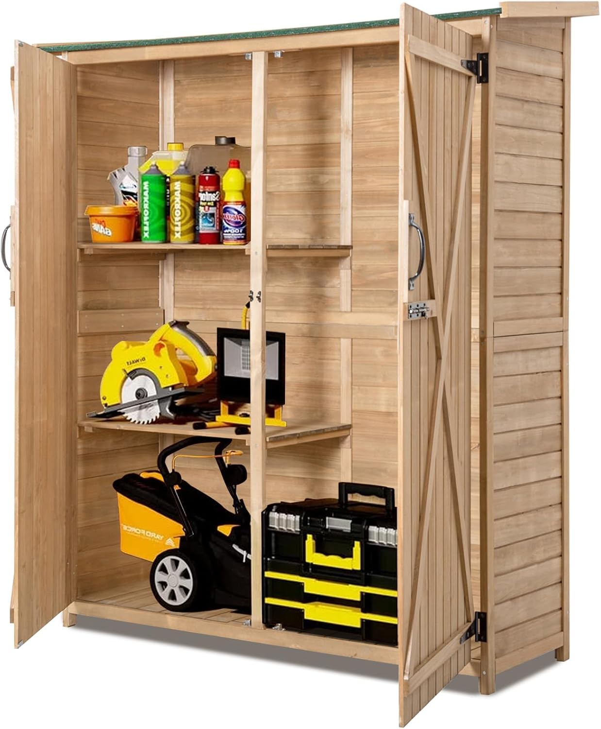 RELAX4LIFE Abri de Jardin en Bois 140x50x162 cm, Abri à Outils avec Toit en Asphalte Incliné, Portes et Étagères Double Fermeture, Meuble de Rangement pour Extérieur Arrière-Cour Patio Pelouse